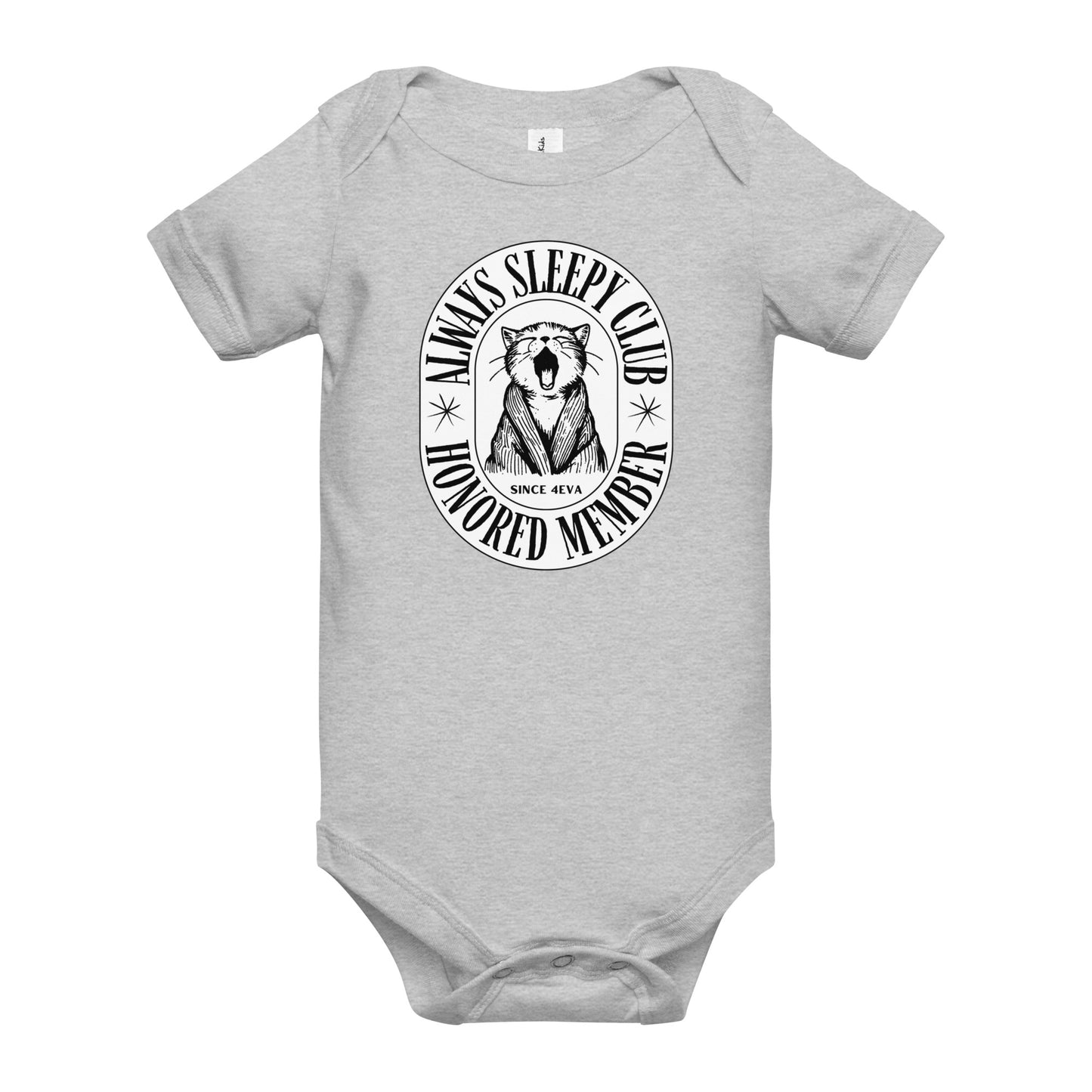 baby onesie with 'Always Sleepy Club Honored Member' yawning cat design