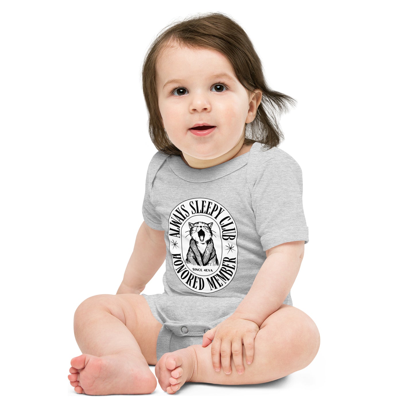 baby onesie with 'Always Sleepy Club Honored Member' yawning cat design
