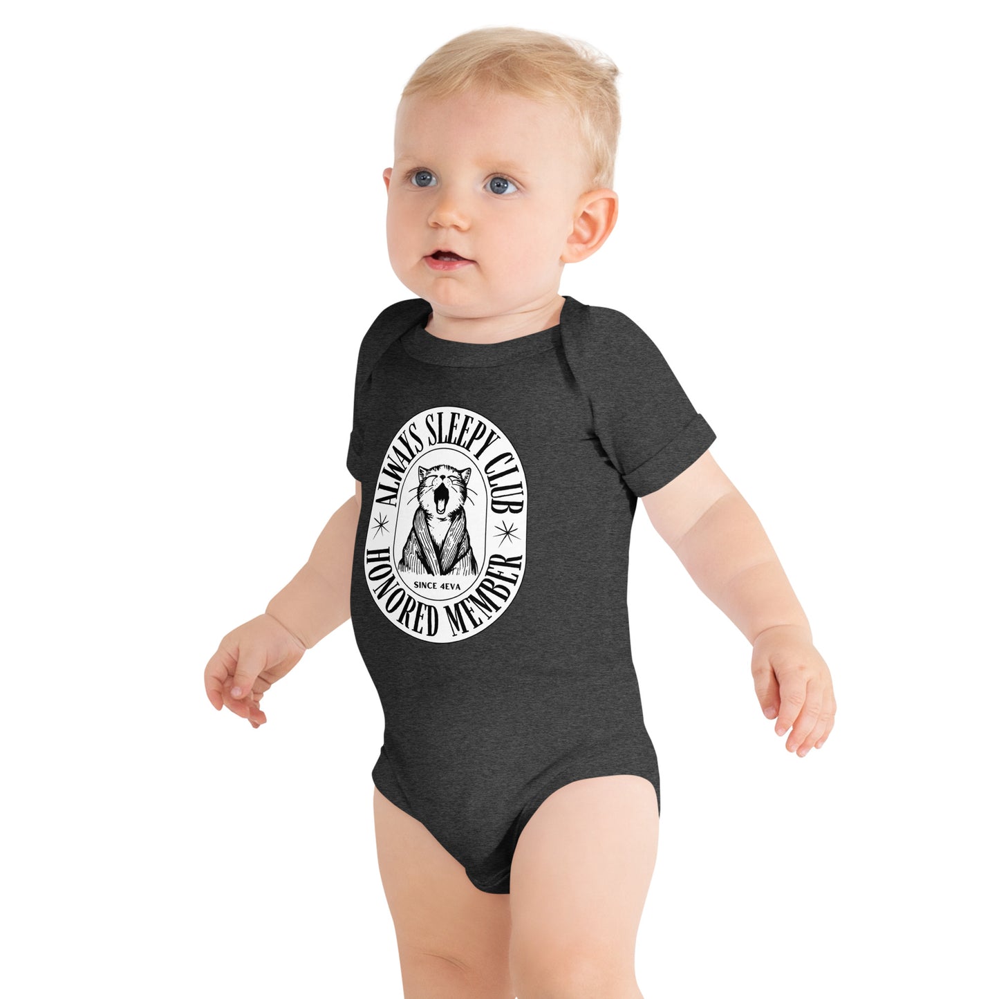 baby onesie with 'Always Sleepy Club Honored Member' yawning cat design