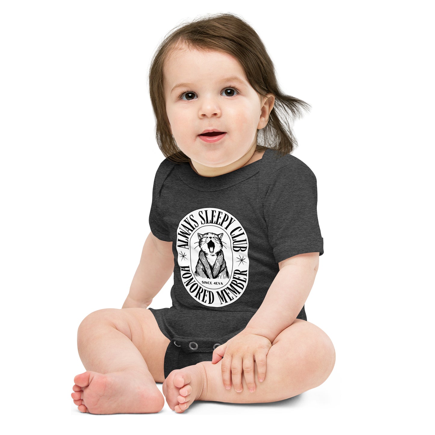 baby onesie with 'Always Sleepy Club Honored Member' yawning cat design