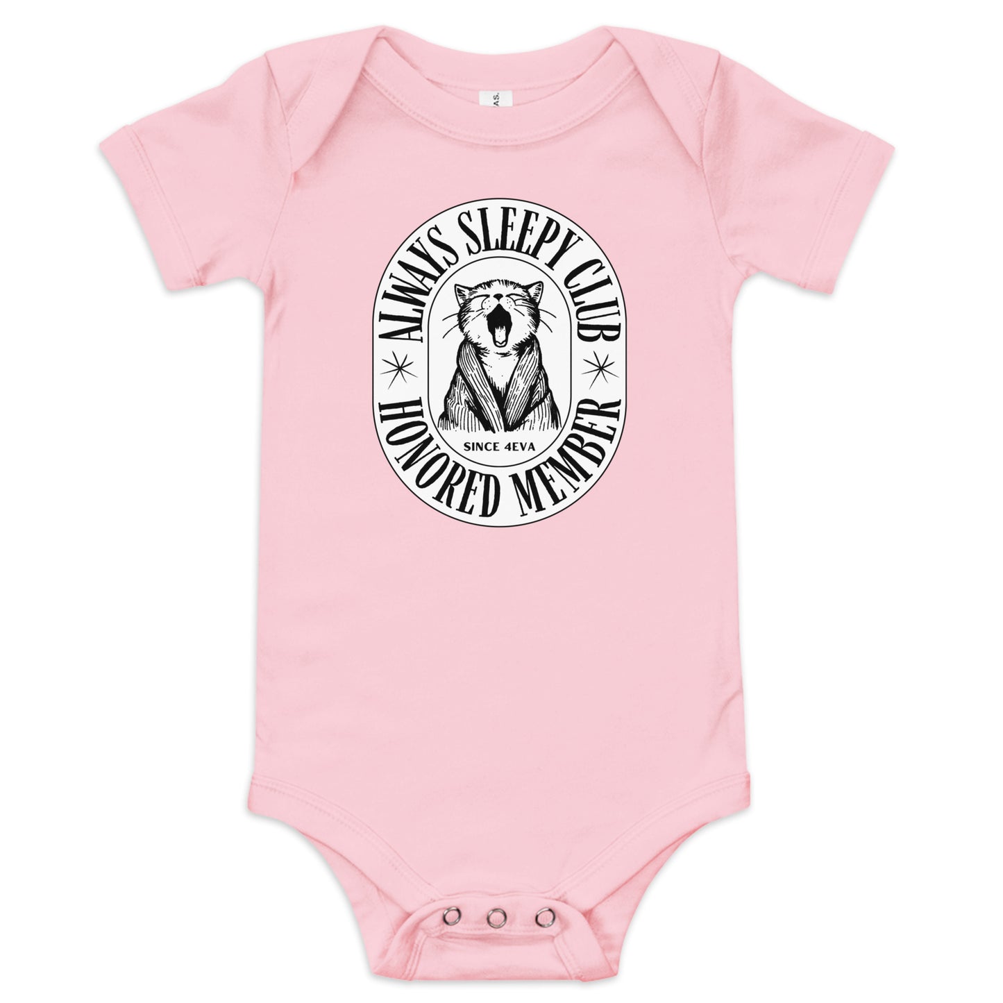 baby onesie with 'Always Sleepy Club Honored Member' yawning cat design