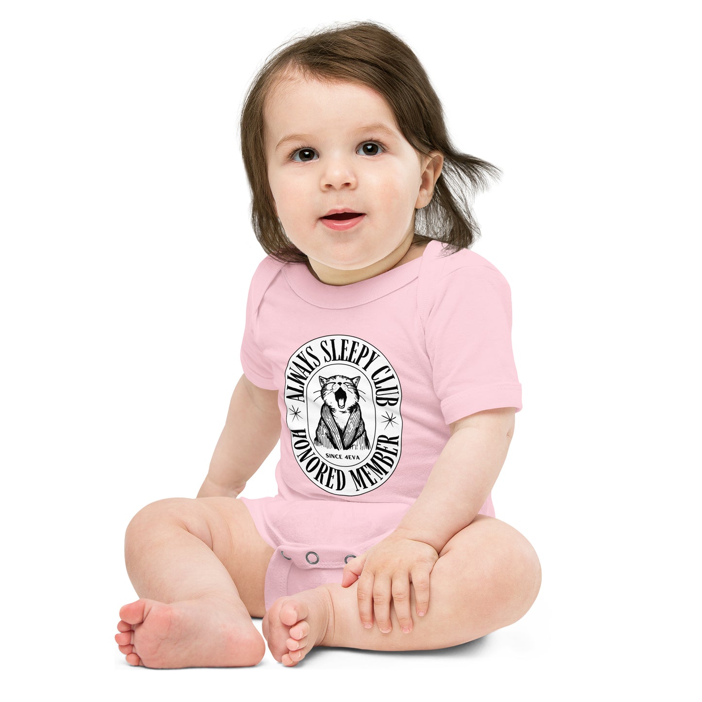 baby onesie with 'Always Sleepy Club Honored Member' yawning cat design