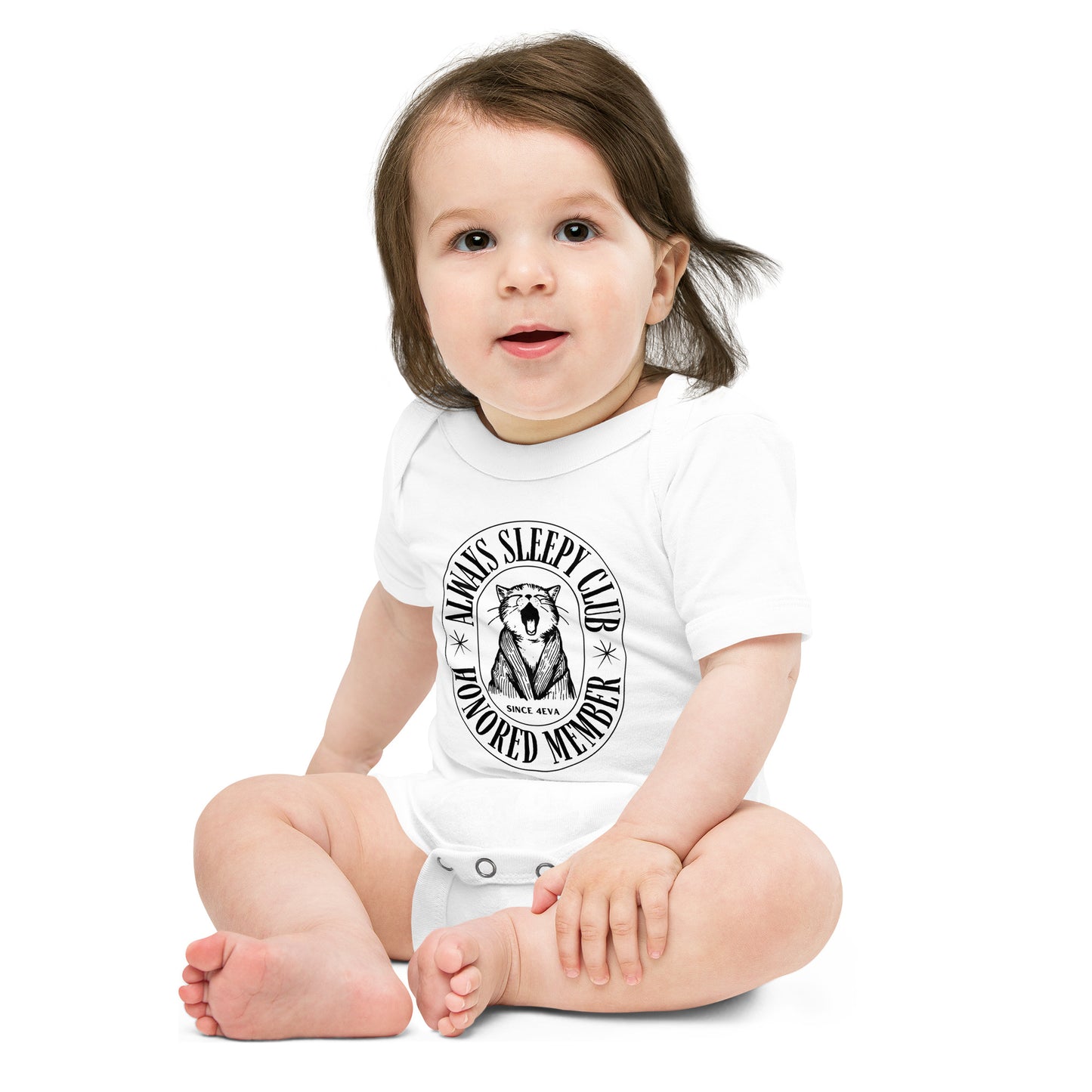 baby onesie with 'Always Sleepy Club Honored Member' yawning cat design