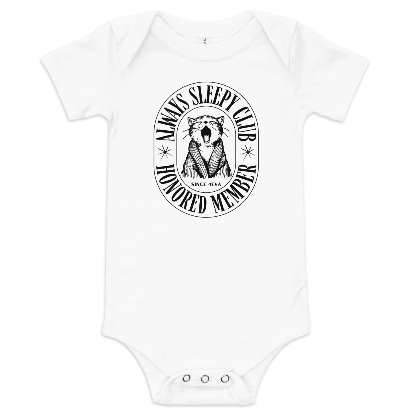 baby onesie with 'Always Sleepy Club Honored Member' yawning cat design