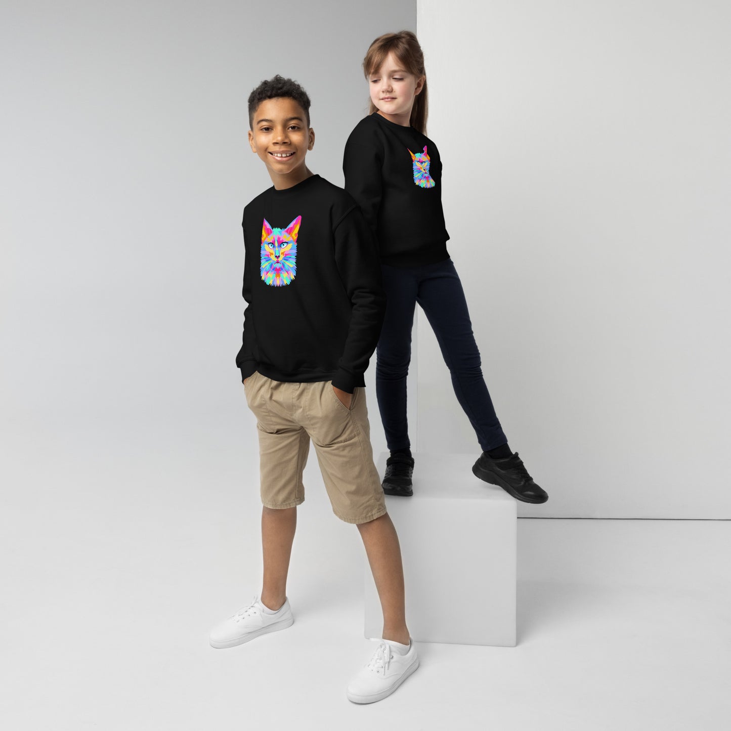 youth crew neck sweatshirt with colorful cat face design for girls and boys