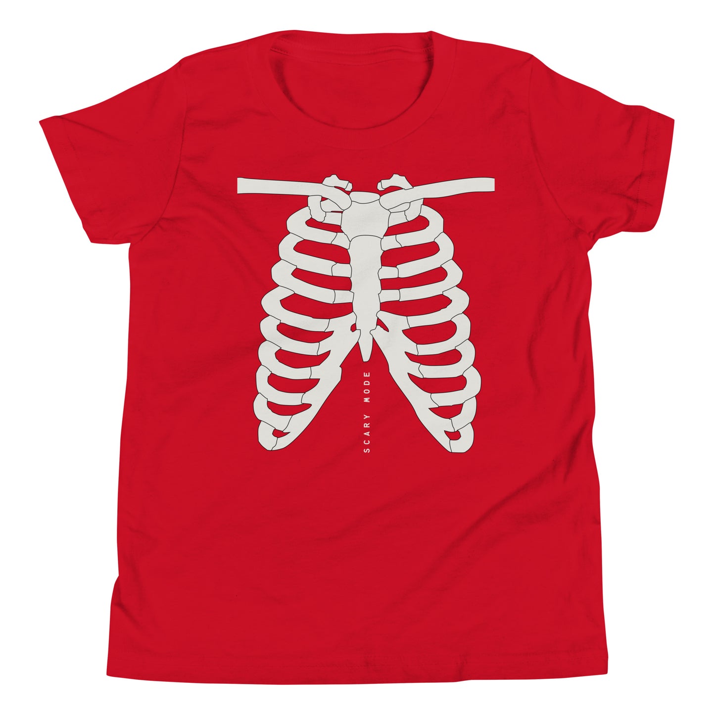 youth t-shirt with skeleton ribcage and 'Scary Mode' text design