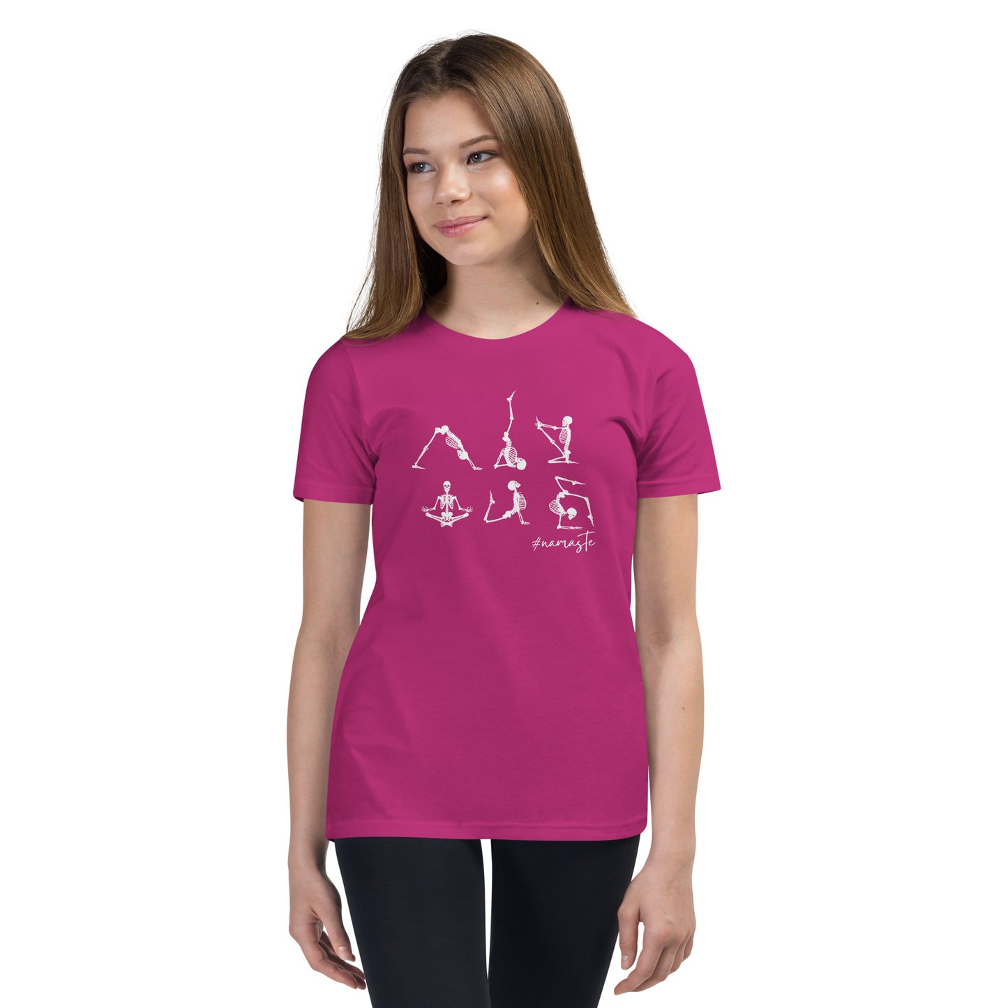 youth t-shirt with skeletons in yoga poses and #namaste text design