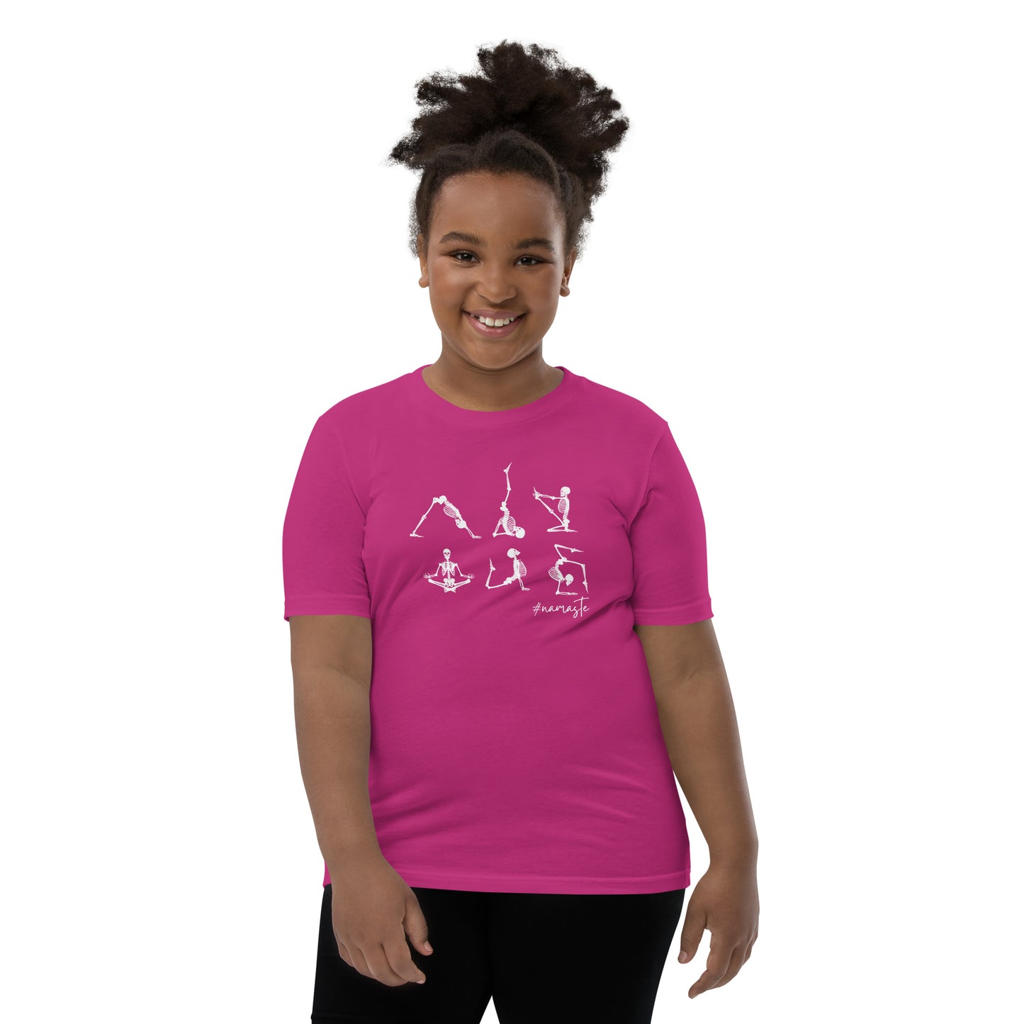 youth t-shirt with skeletons in yoga poses and #namaste text design