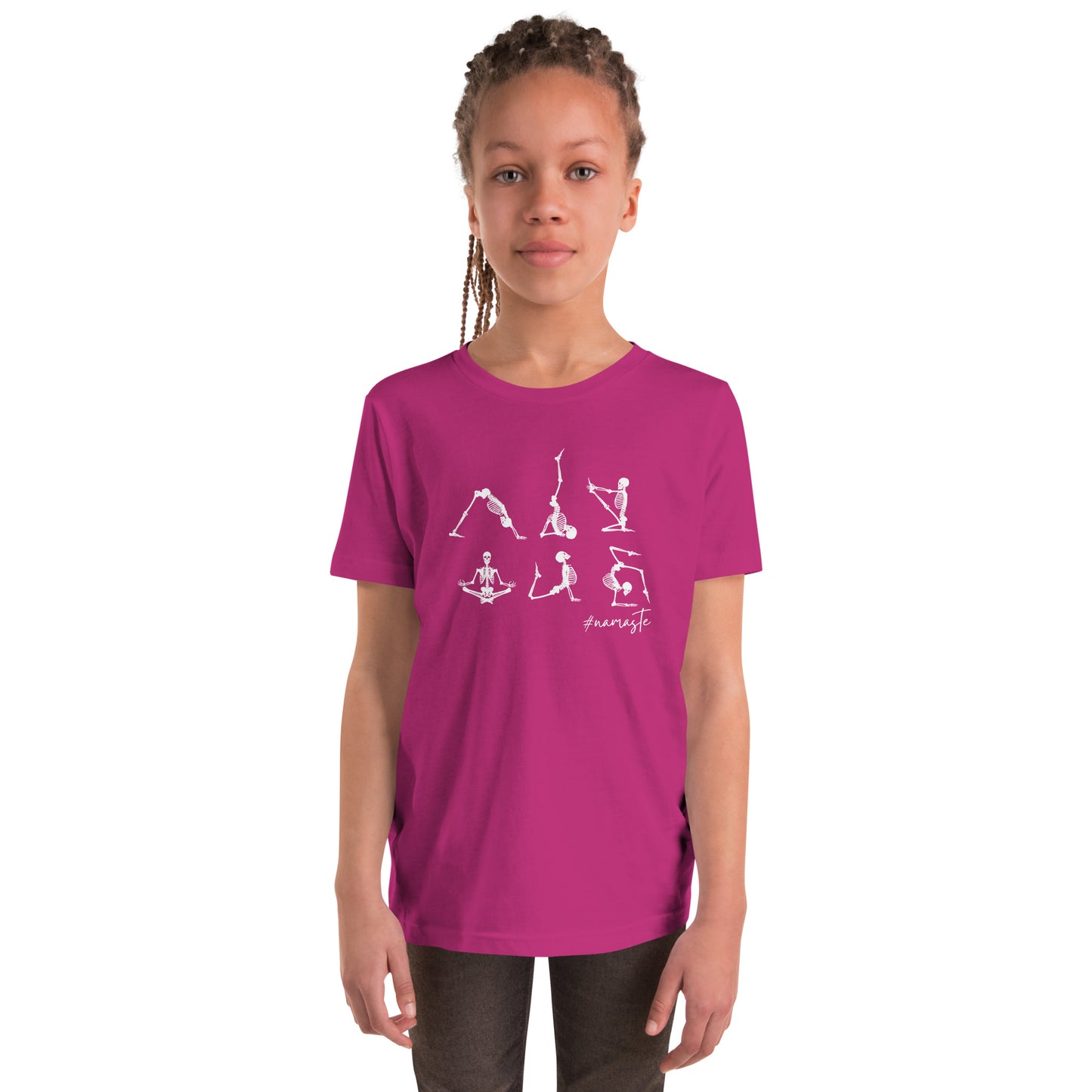 youth t-shirt with skeletons in yoga poses and #namaste text design