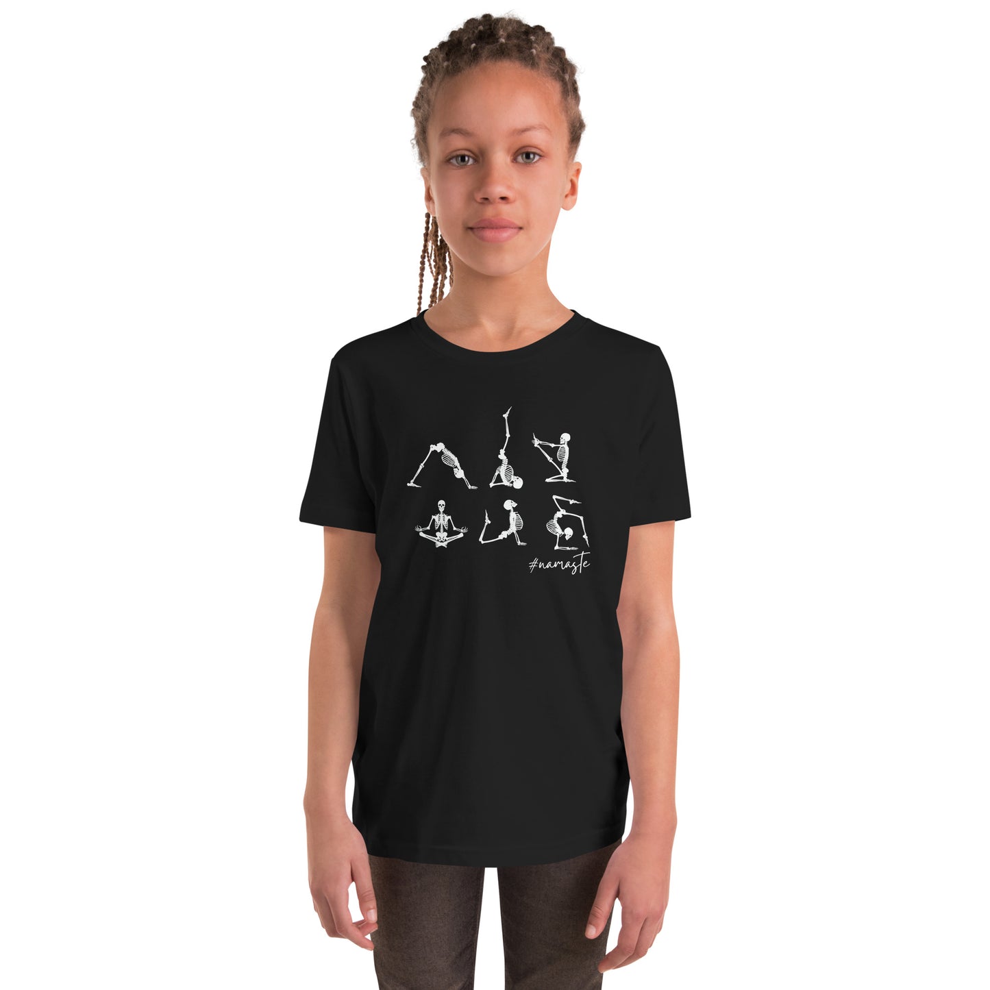 youth t-shirt with skeletons in yoga poses and #namaste text design