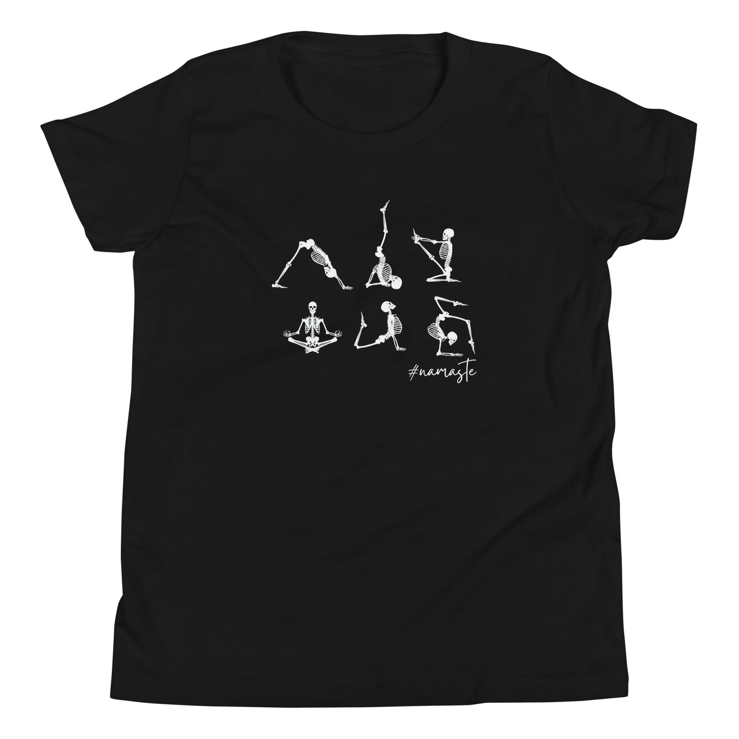 youth t-shirt with skeletons in yoga poses and #namaste text design