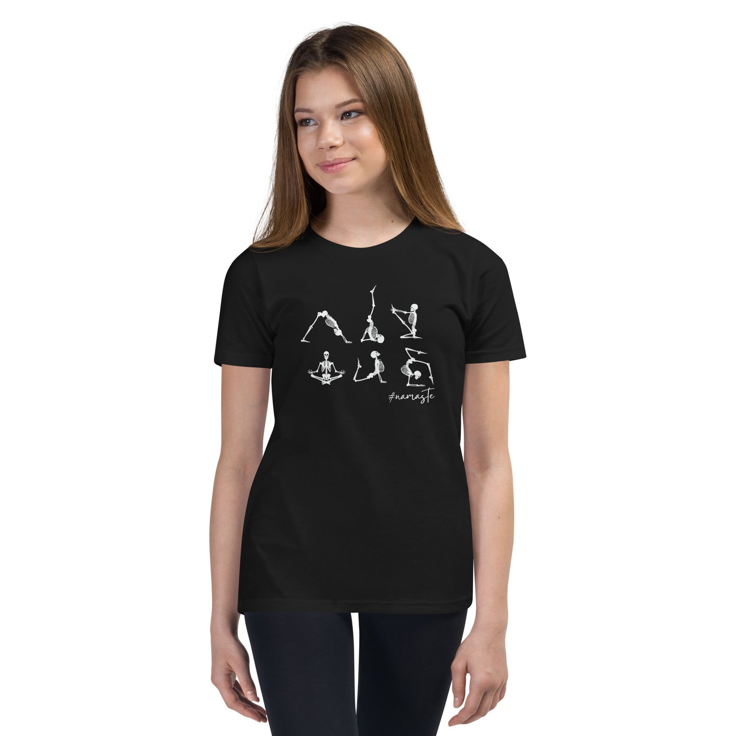 youth t-shirt with skeletons in yoga poses and #namaste text design