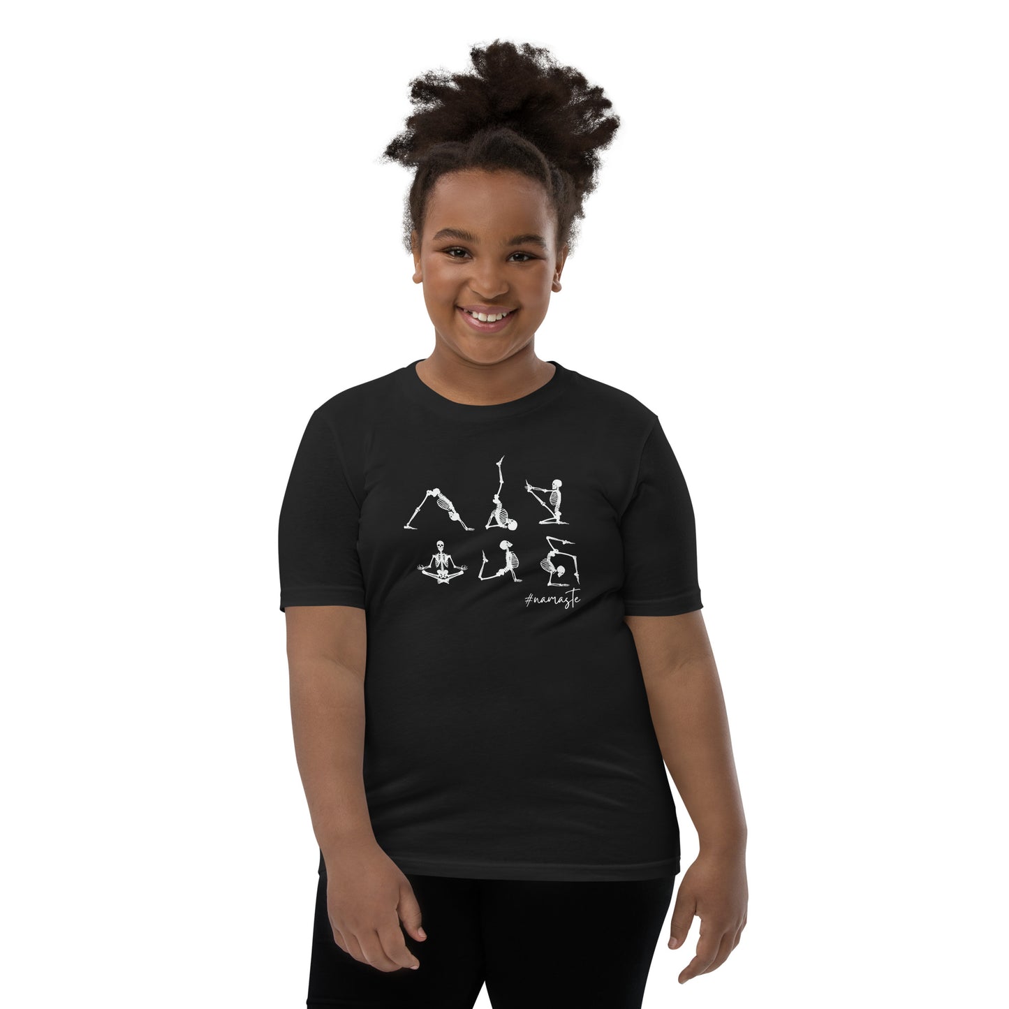 youth t-shirt with skeletons in yoga poses and #namaste text design