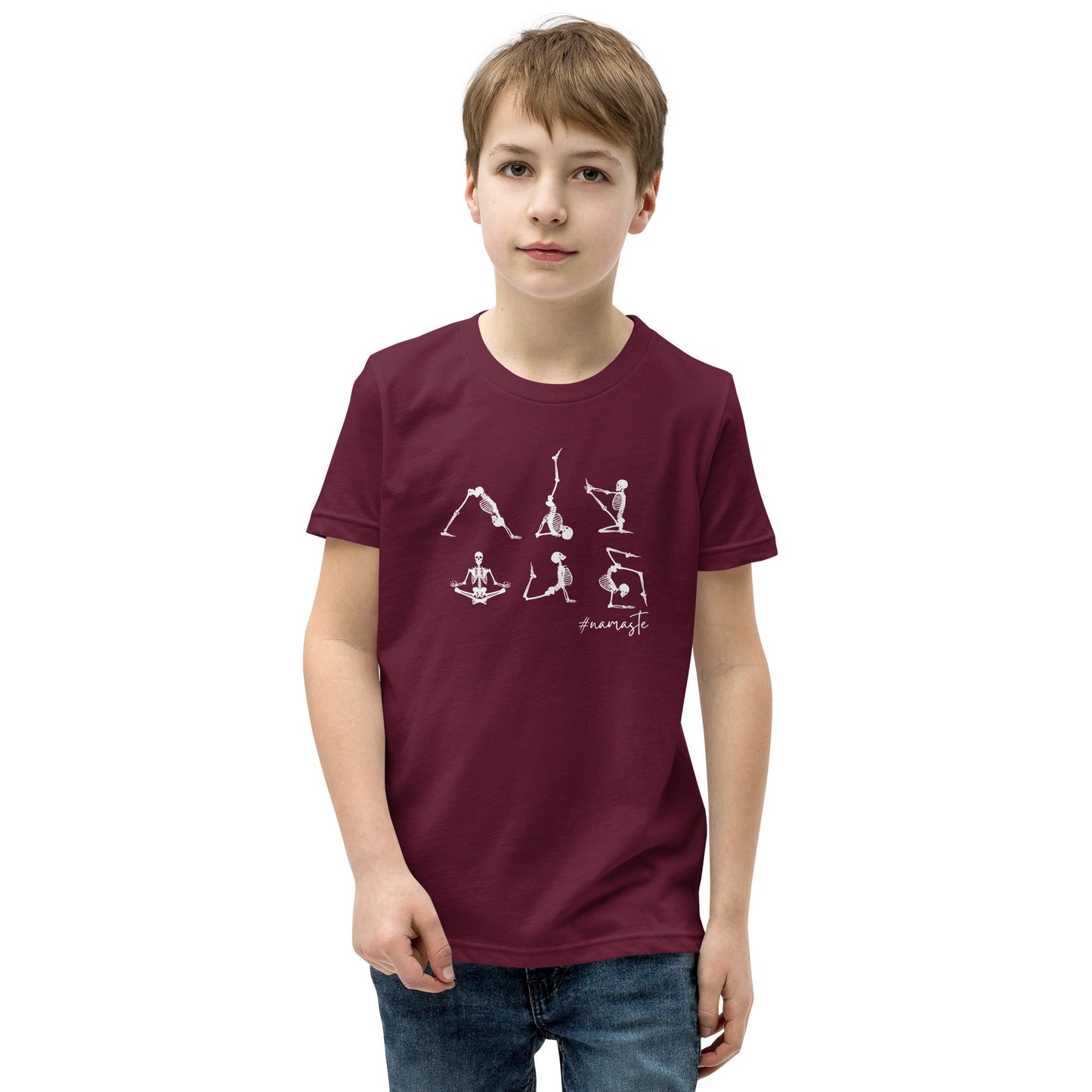 youth t-shirt with skeletons in yoga poses and #namaste text design