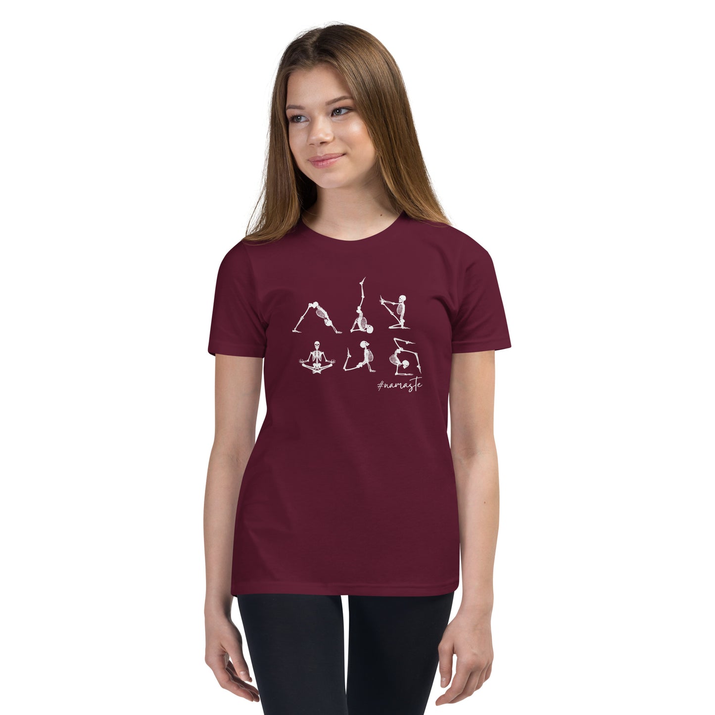 youth t-shirt with skeletons in yoga poses and #namaste text design