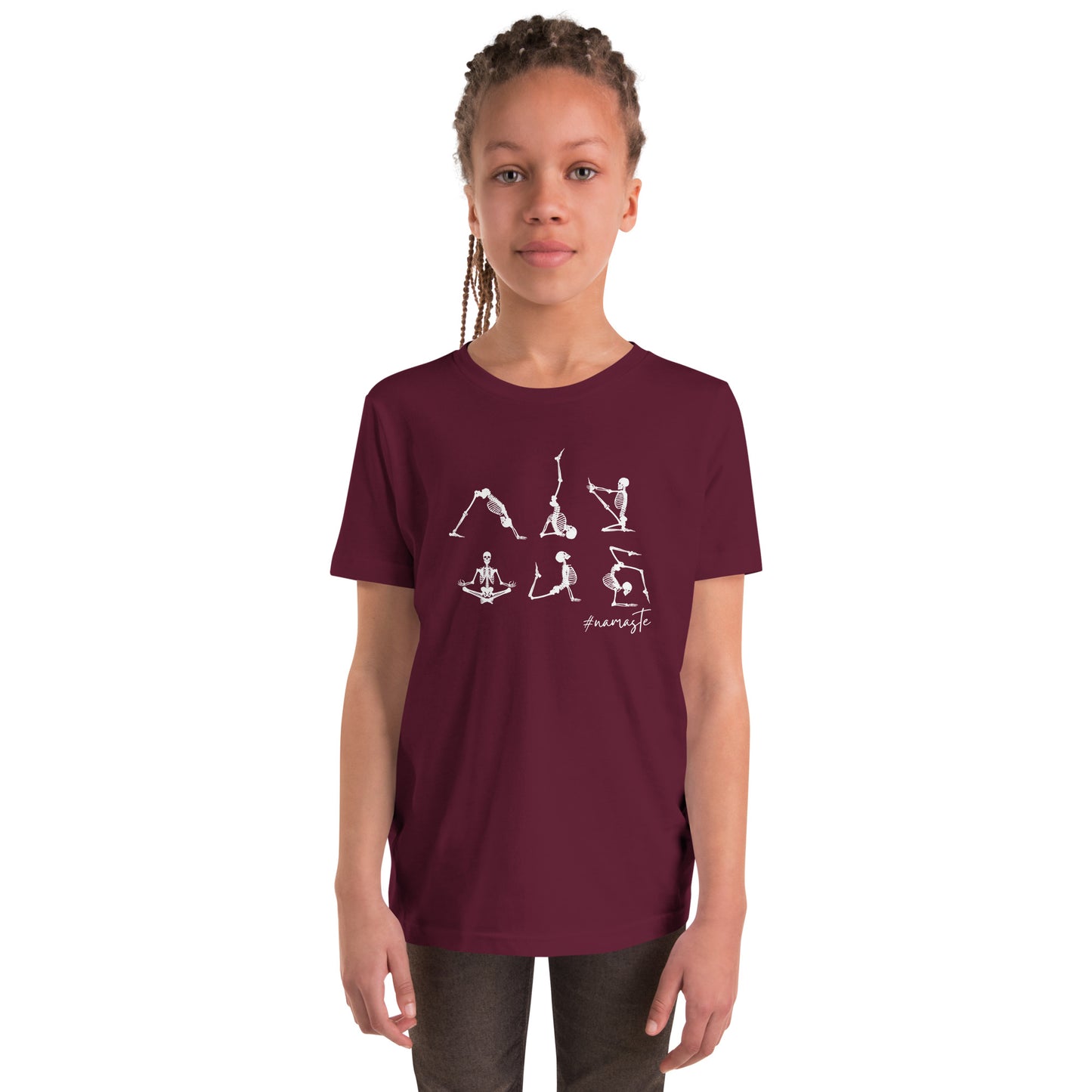 youth t-shirt with skeletons in yoga poses and #namaste text design