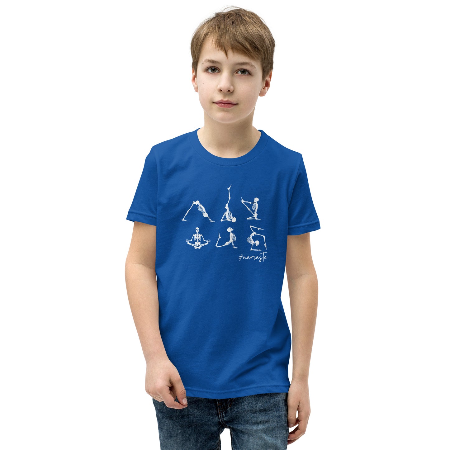 youth t-shirt with skeletons in yoga poses and #namaste text design