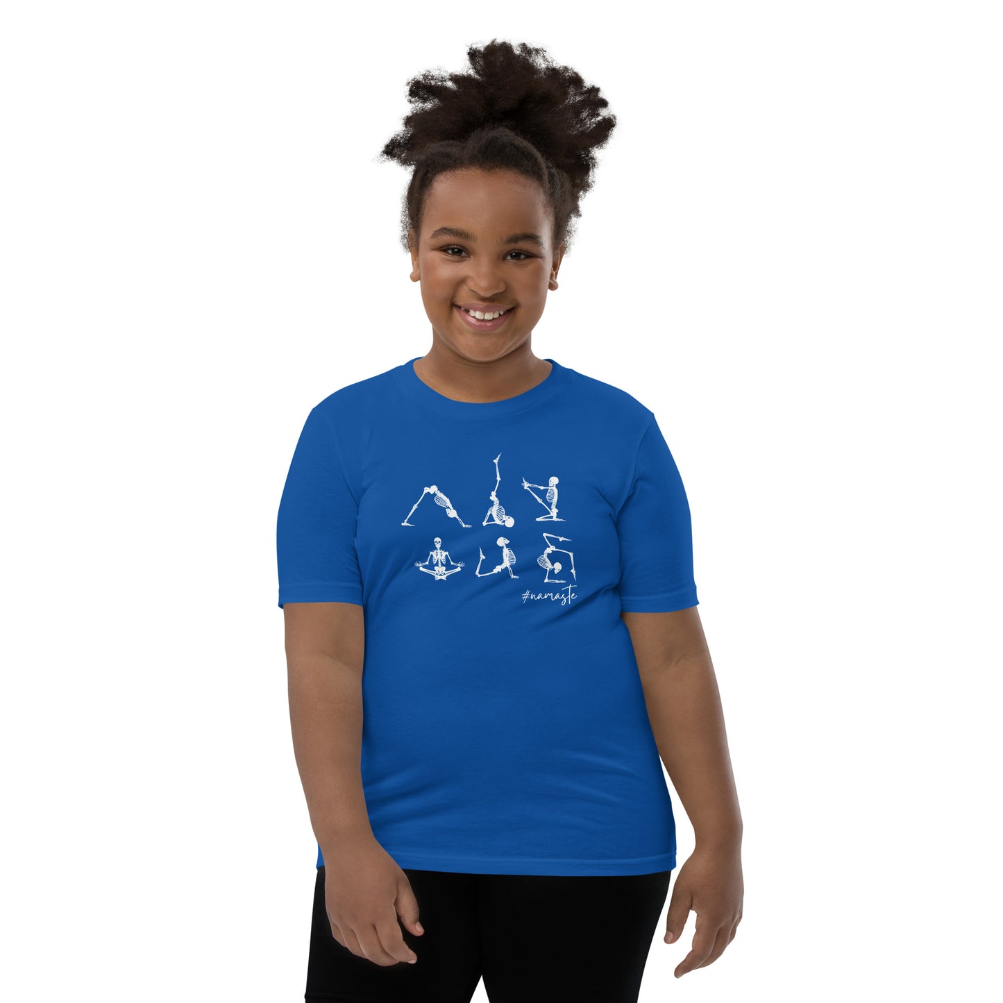 youth t-shirt with skeletons in yoga poses and #namaste text design
