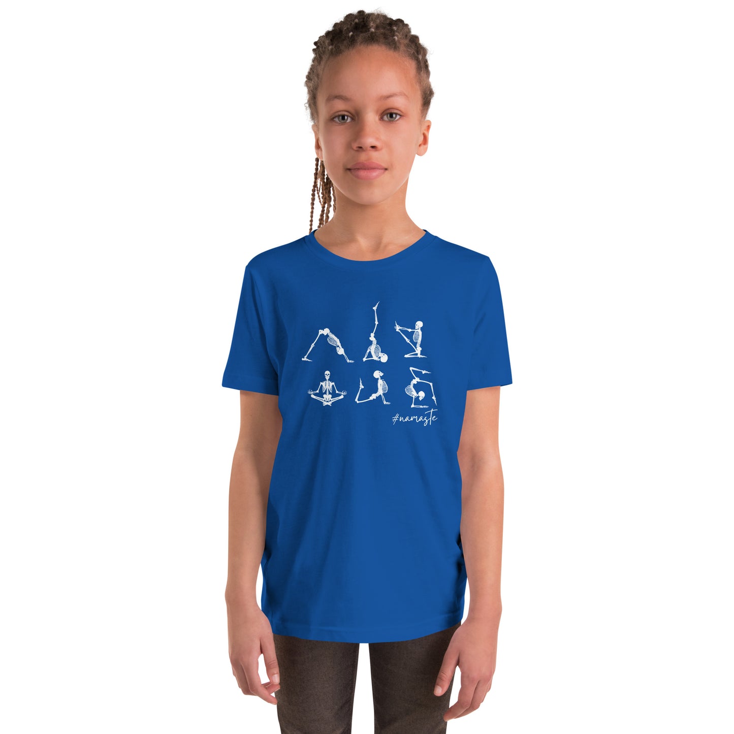 youth t-shirt with skeletons in yoga poses and #namaste text design