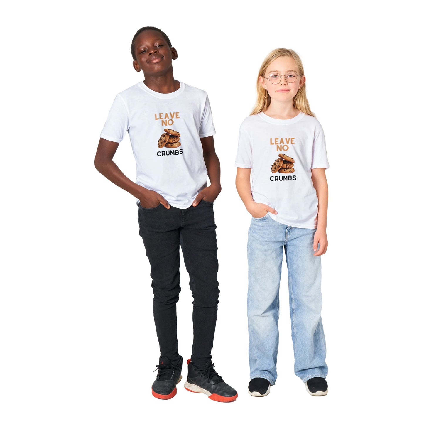 Youth Leave No Crumbs t-shirt in white with 2 kids wearing it
