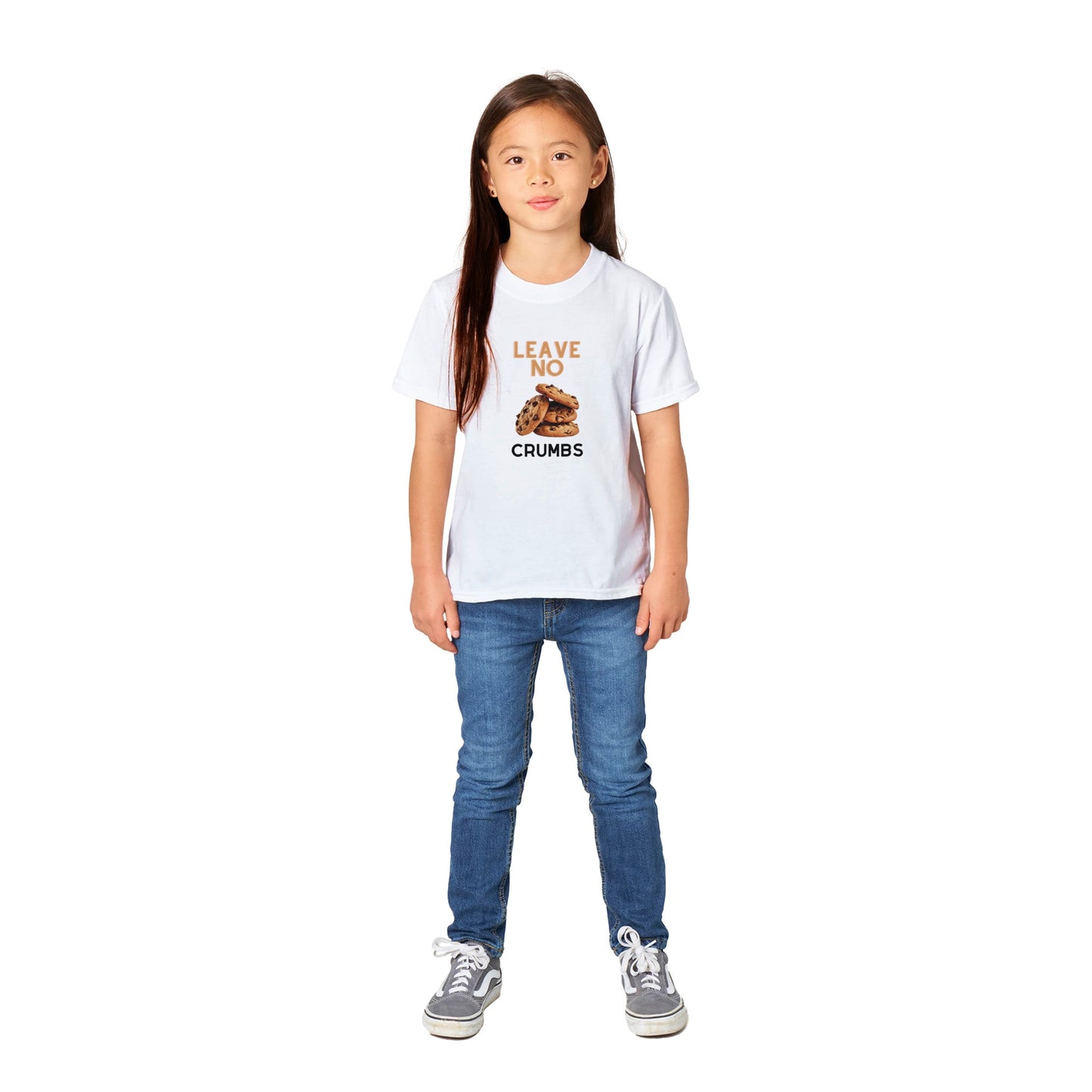 Youth Leave No Crumbs t-shirt in white with one youth wearing it
