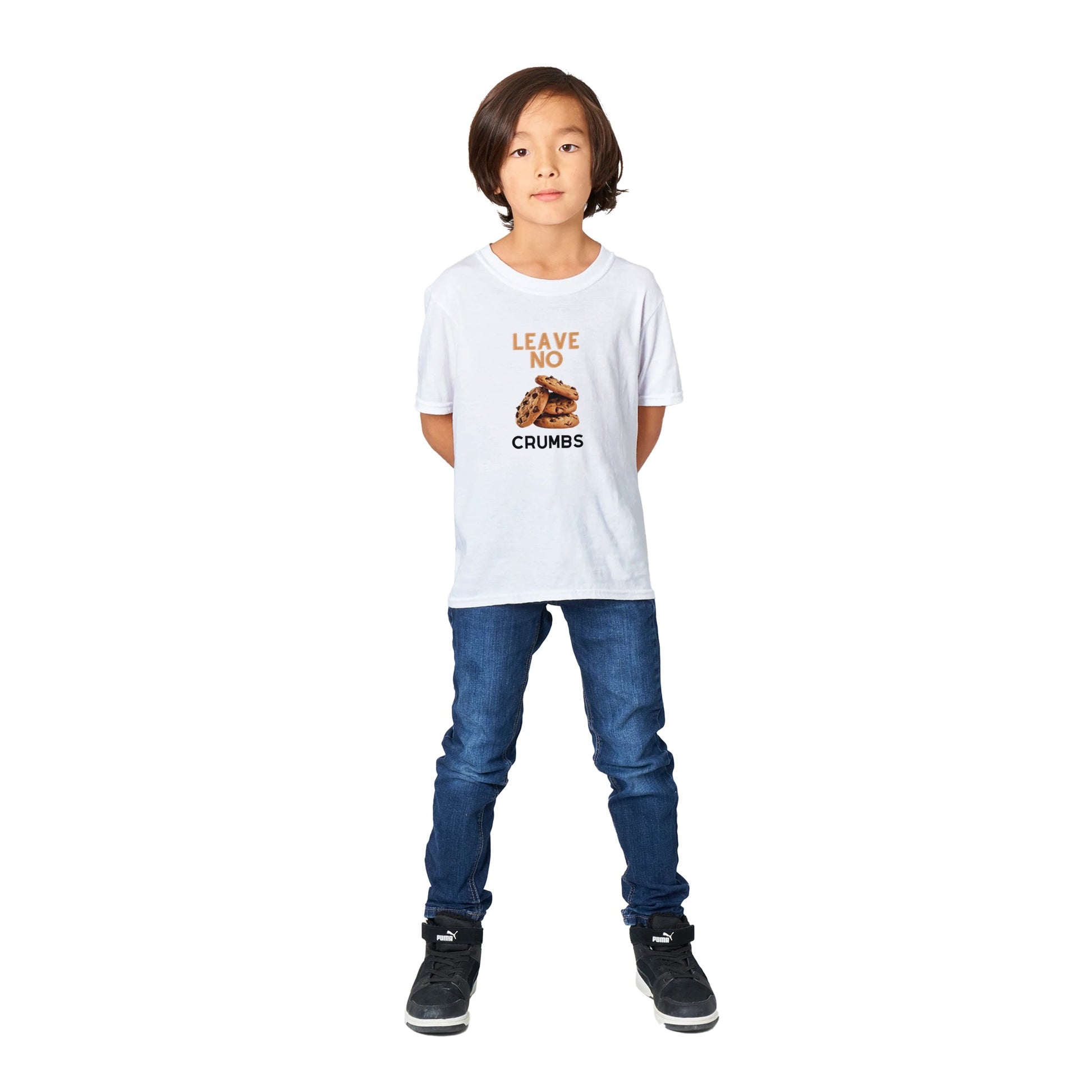 Youth Leave No Crumbs t-shirt in white with one youth wearing it
