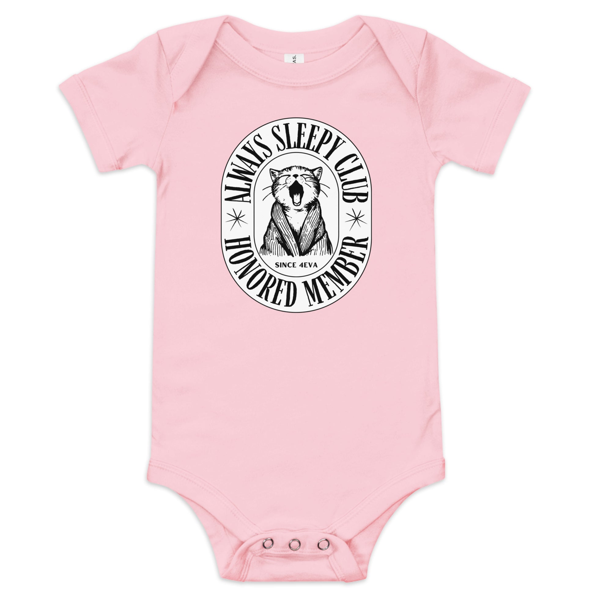 baby onesie with 'Always Sleepy Club Honored Member' yawning cat design