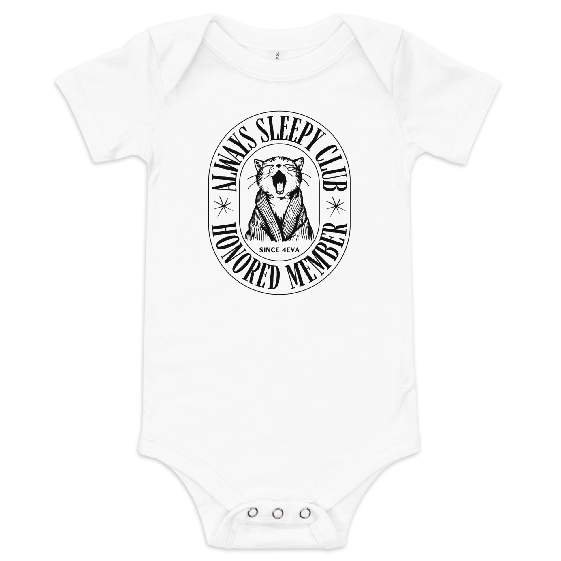 baby onesie with 'Always Sleepy Club Honored Member' yawning cat design