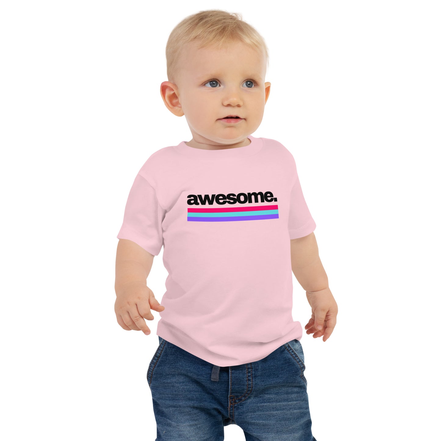 baby t-shirt with 'awesome.' text and colorful lines design