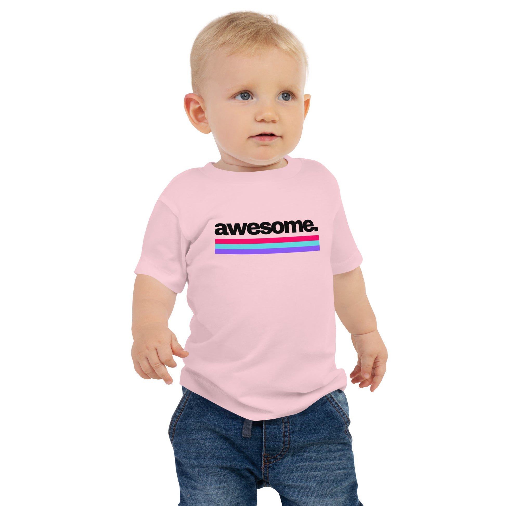 baby t-shirt with 'awesome.' text and colorful lines design