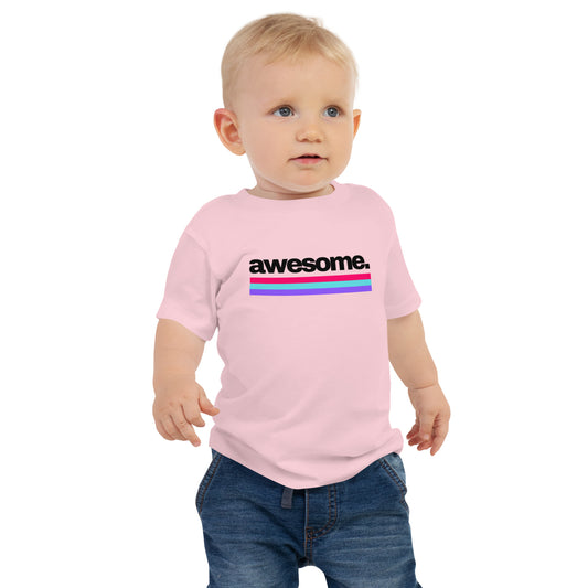 baby t-shirt with 'awesome.' text and colorful lines design