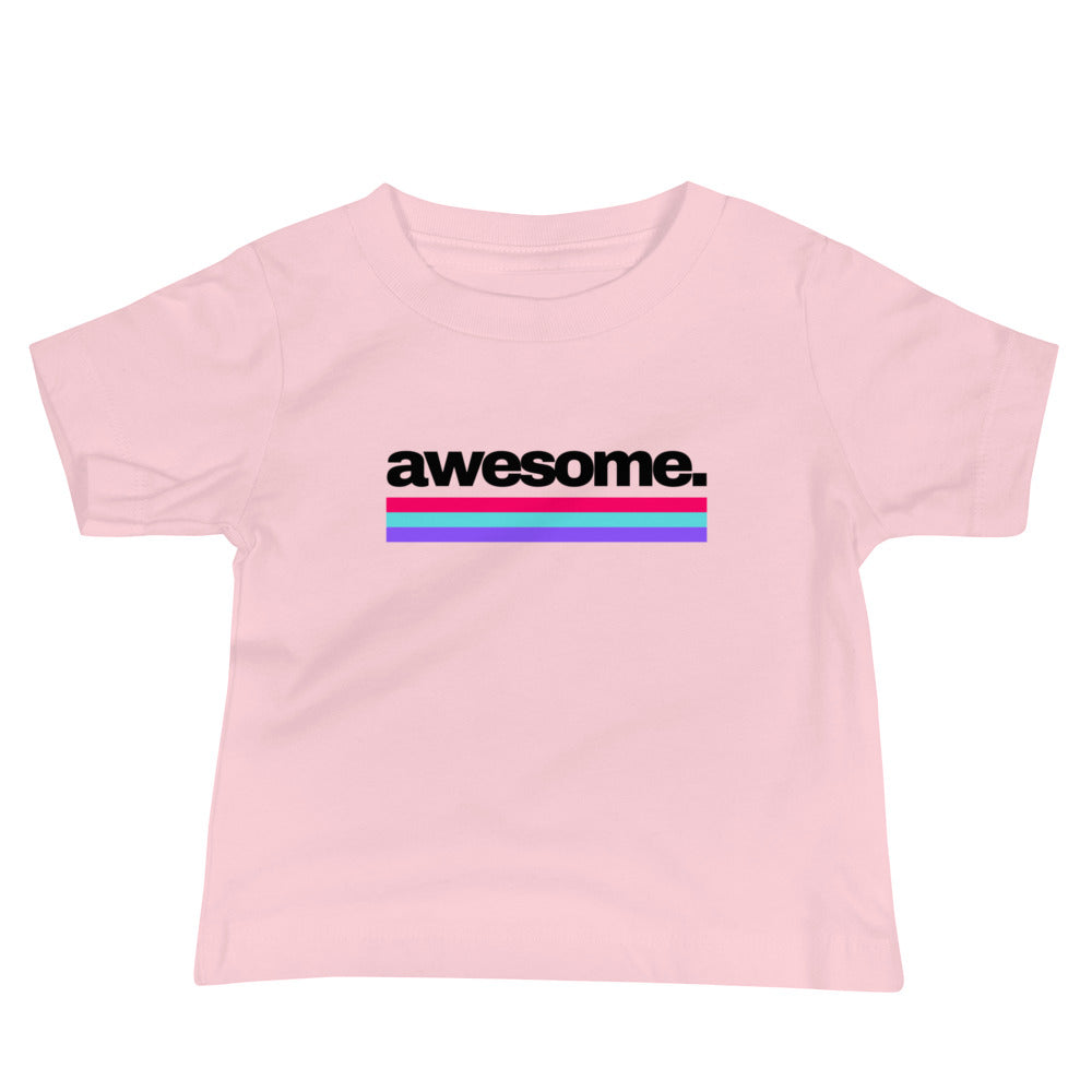 baby t-shirt with 'awesome.' text and colorful lines design