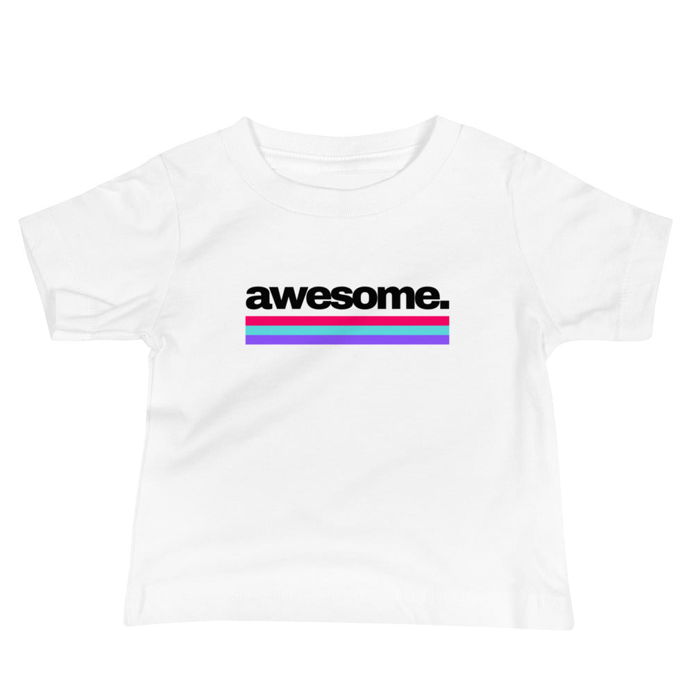 baby t-shirt with 'awesome.' text and colorful lines design