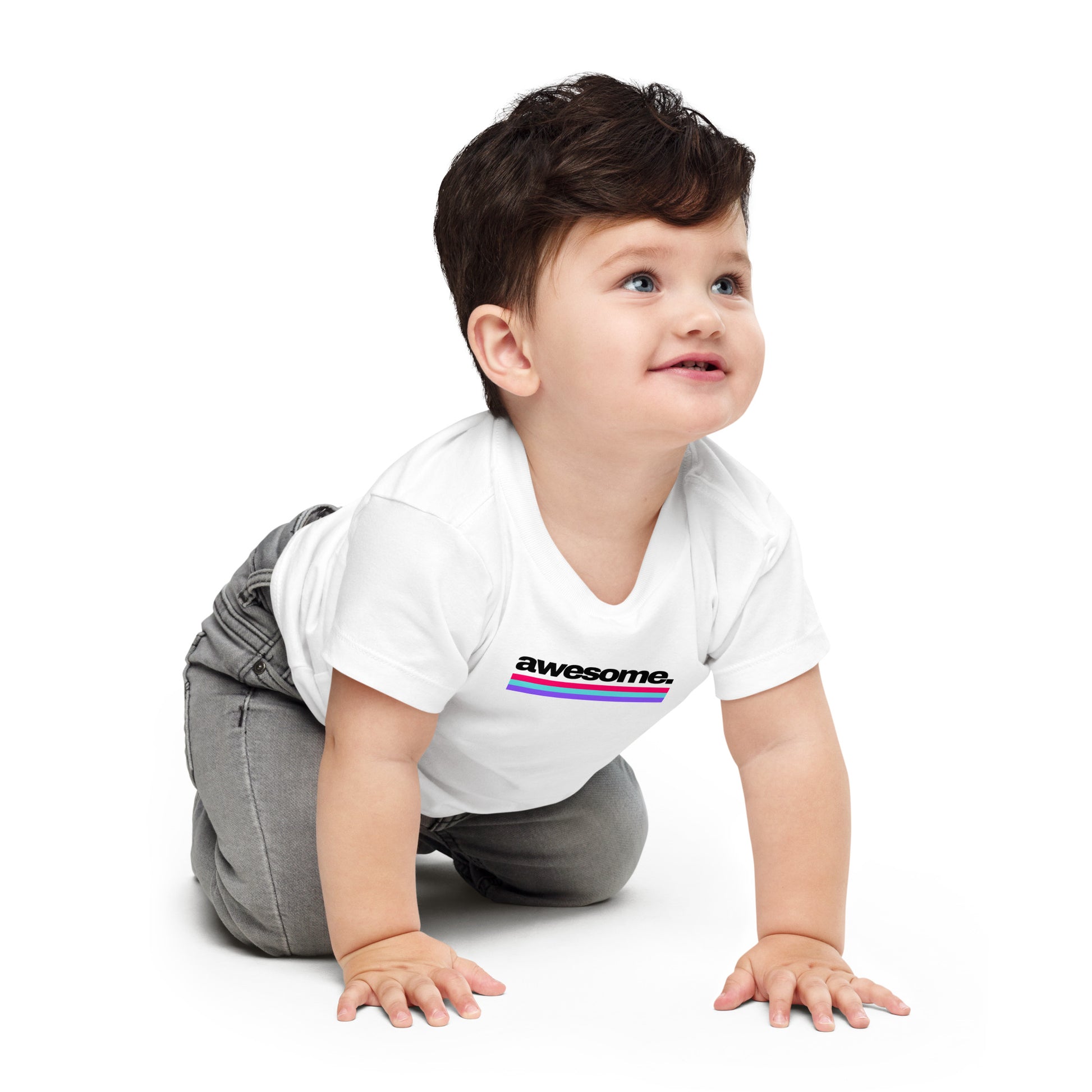 baby t-shirt with 'awesome.' text and colorful lines design