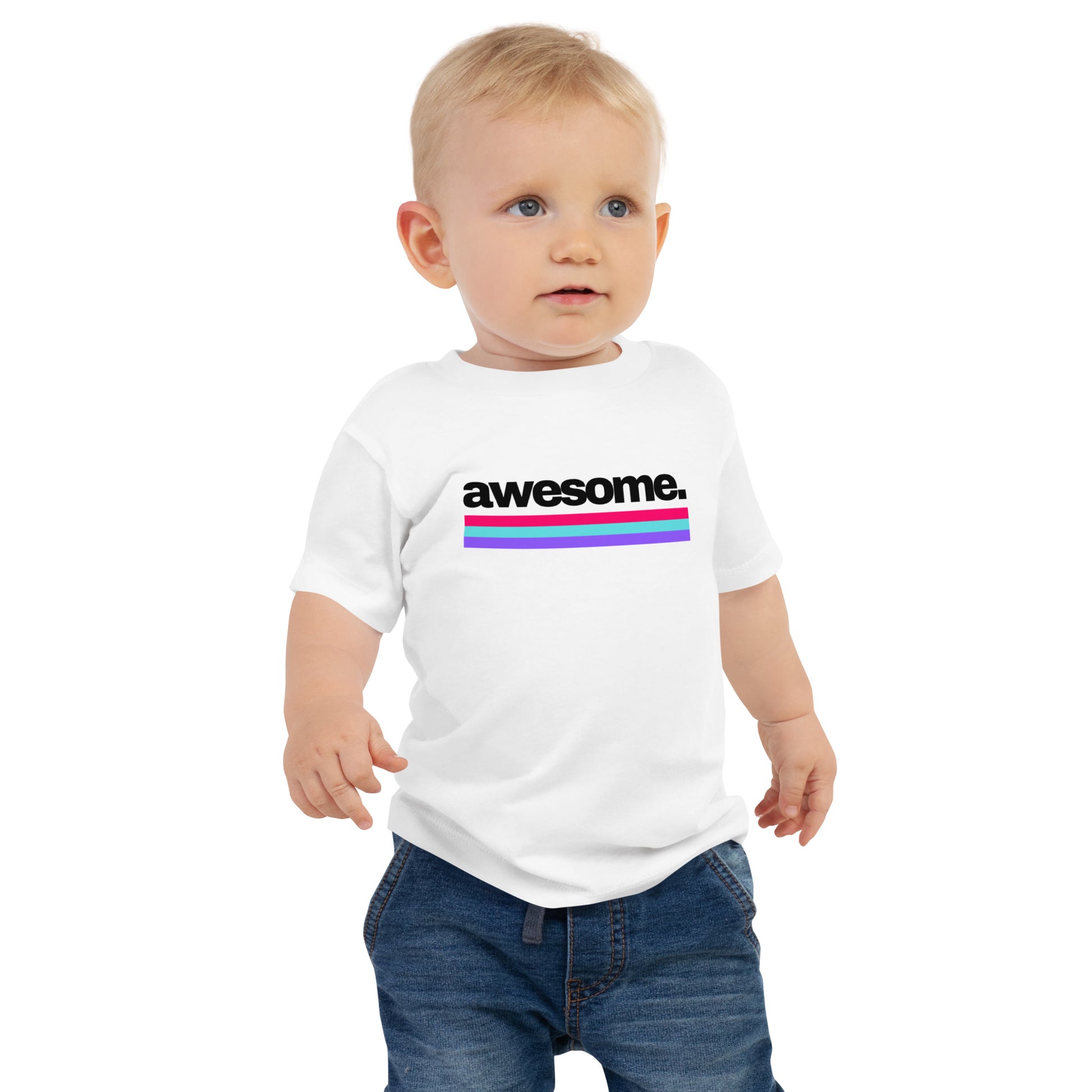 baby t-shirt with 'awesome.' text and colorful lines design