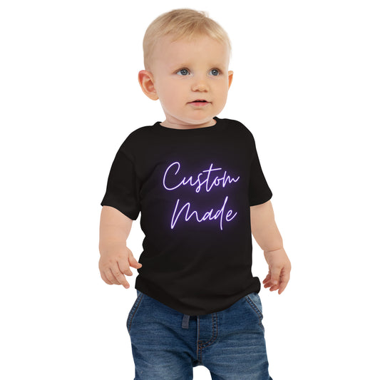 baby t-shirt with 'Custom Made' neon text design