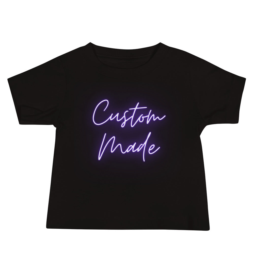 baby t-shirt with 'Custom Made' neon text design
