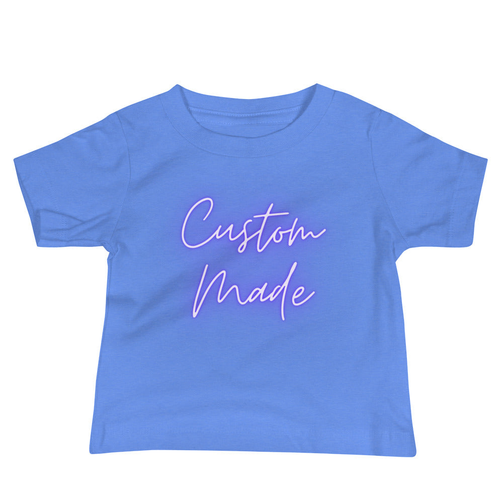 baby t-shirt with 'Custom Made' neon text design