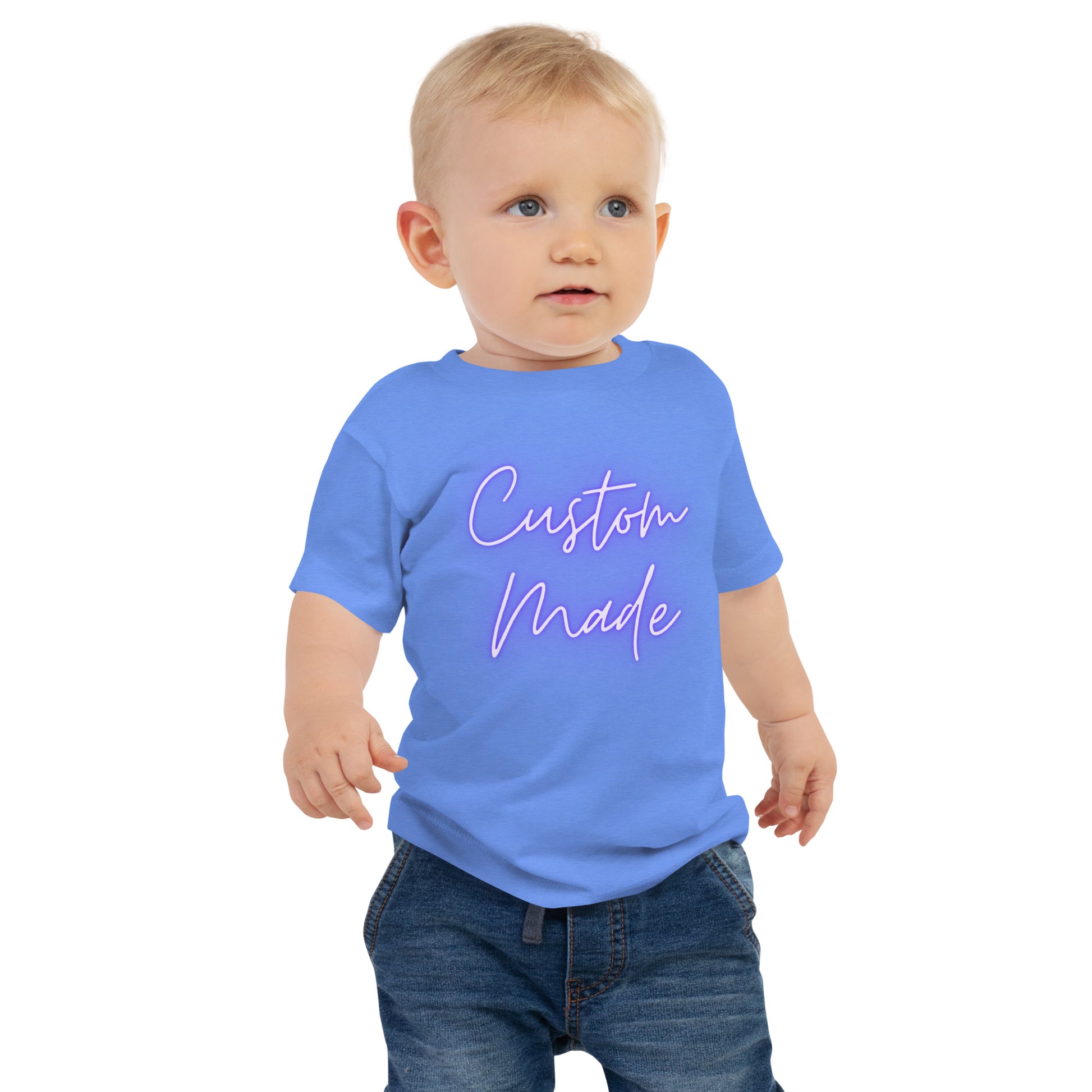 baby t-shirt with 'Custom Made' neon text design