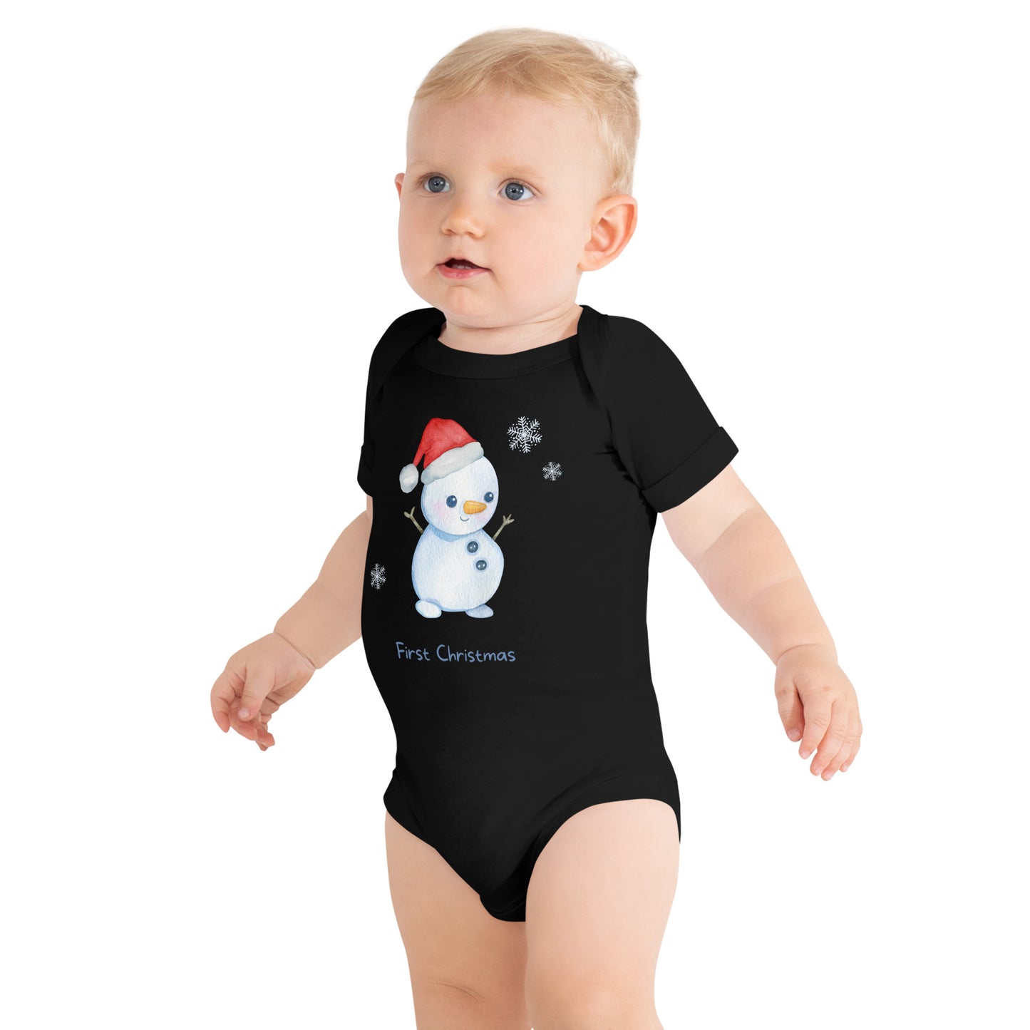 baby onesie with 'first christmas' text and cute santa snowman graphic