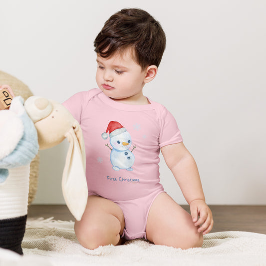 baby onesie with 'first christmas' text and cute santa snowman graphic