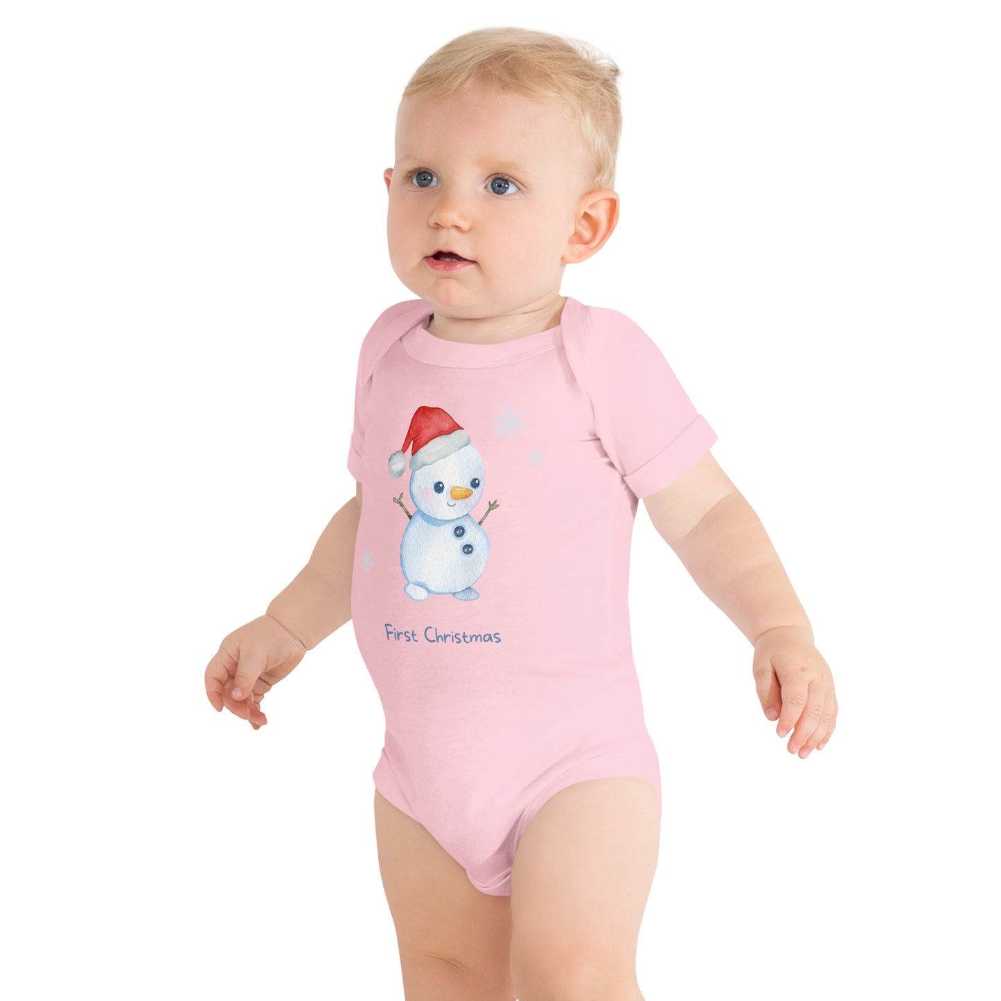 baby onesie with 'first christmas' text and cute santa snowman graphic