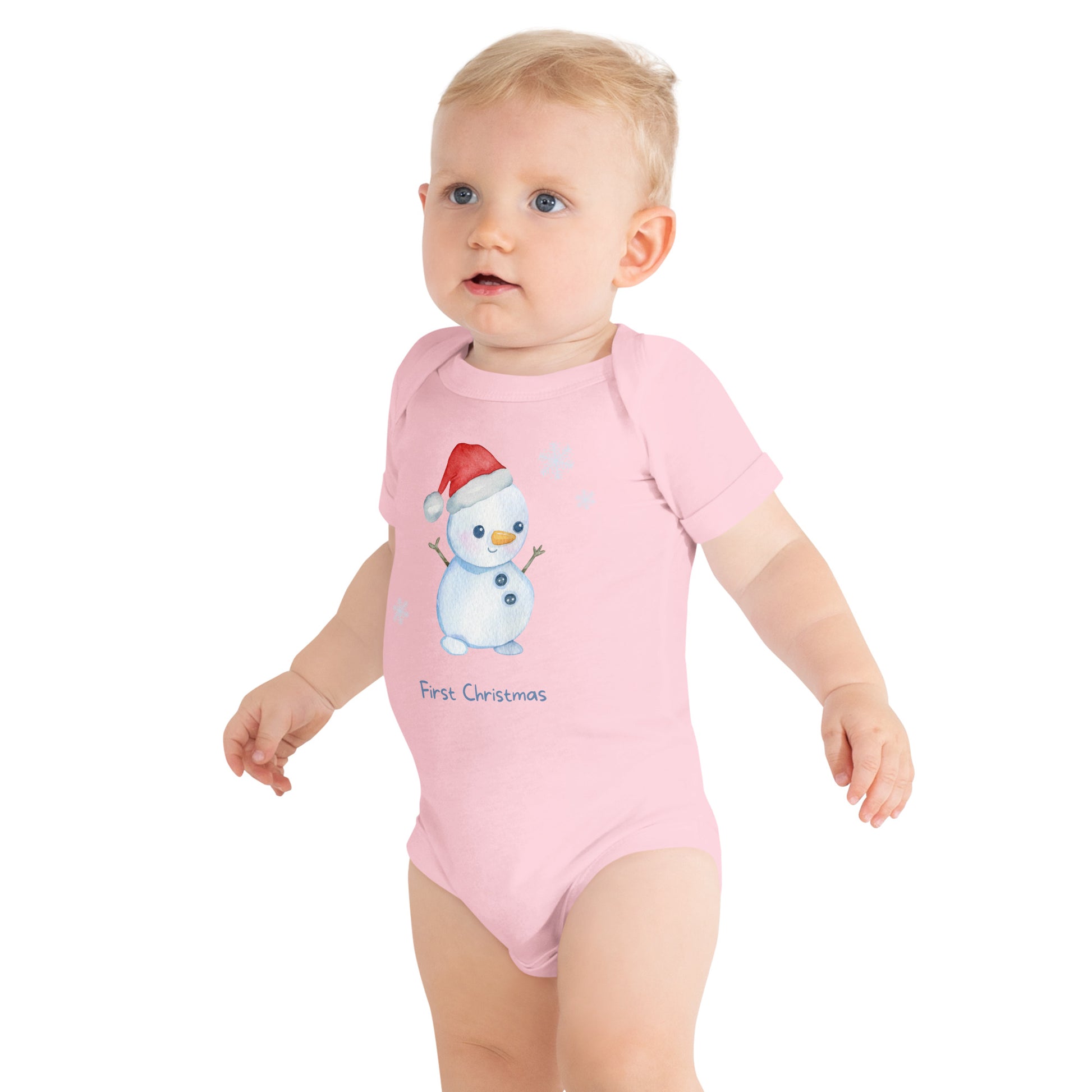 baby onesie with 'first christmas' text and cute santa snowman graphic