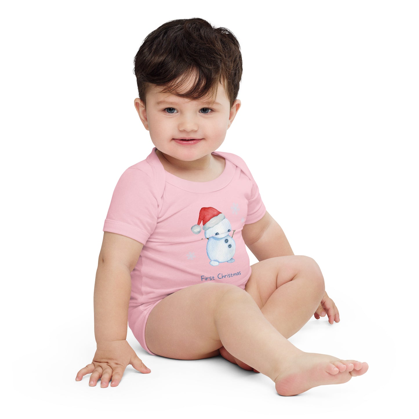 baby onesie with 'first christmas' text and cute santa snowman graphic