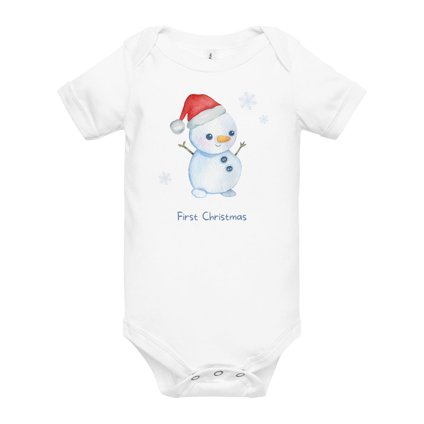 baby onesie with 'first christmas' text and cute santa snowman graphic