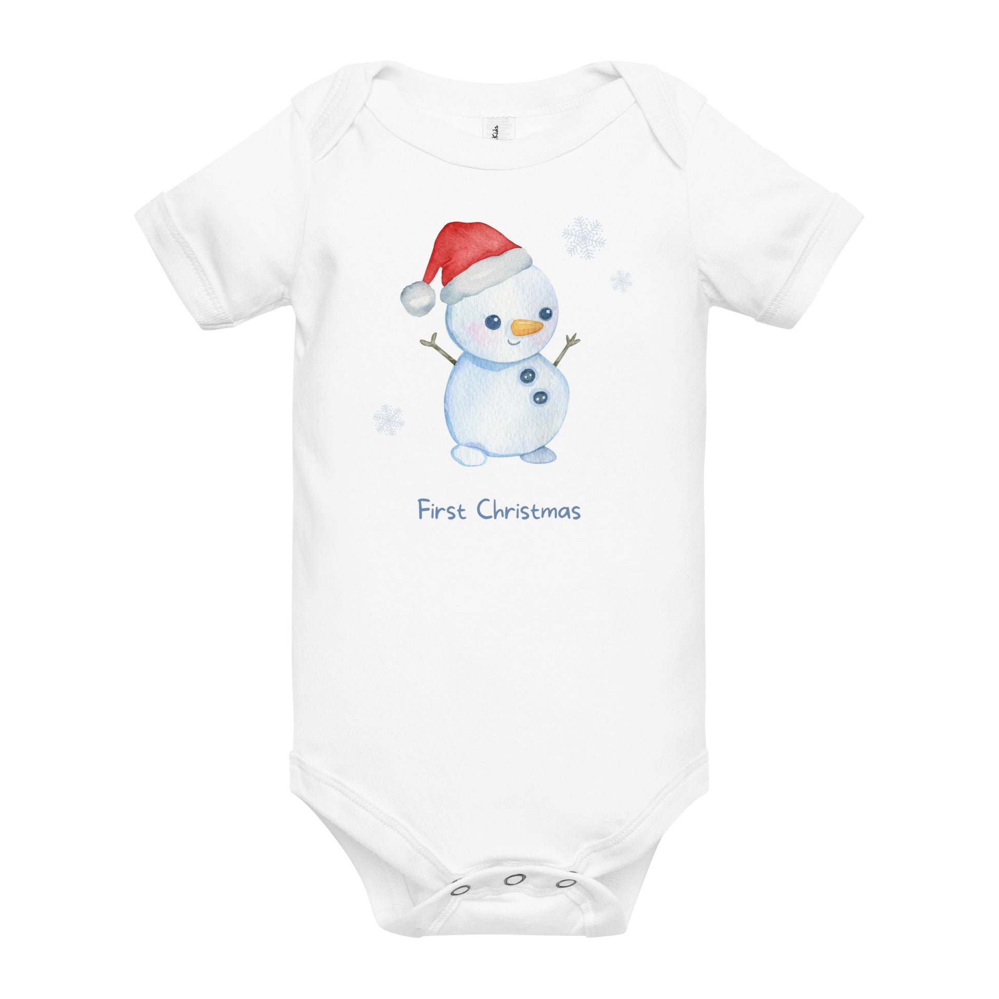 baby onesie with 'first christmas' text and cute santa snowman graphic
