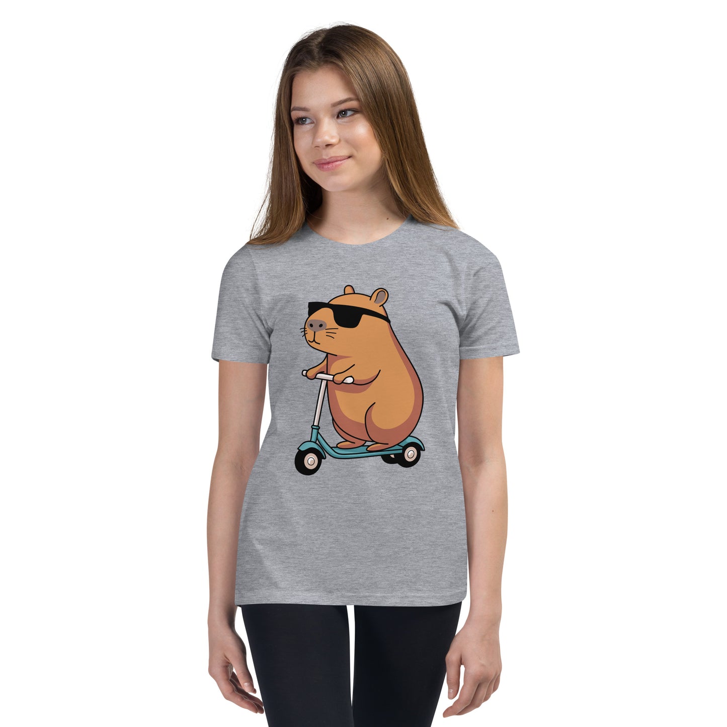 youth t-shirt featuring a capybara on a scooter wearing sunglasses