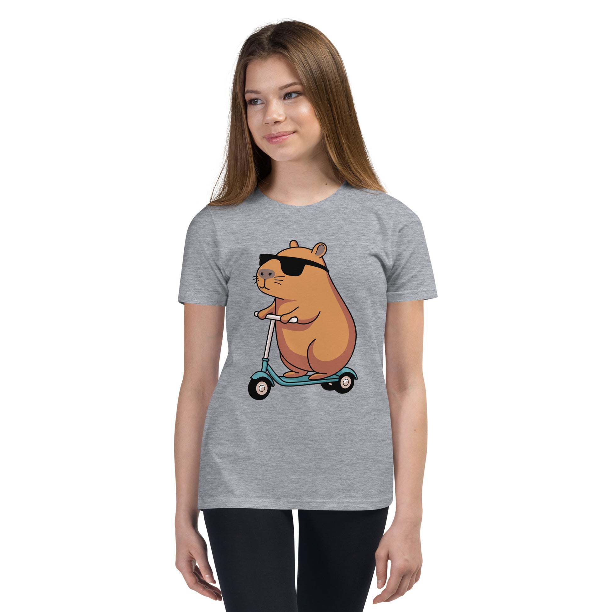 youth t-shirt featuring a capybara on a scooter wearing sunglasses