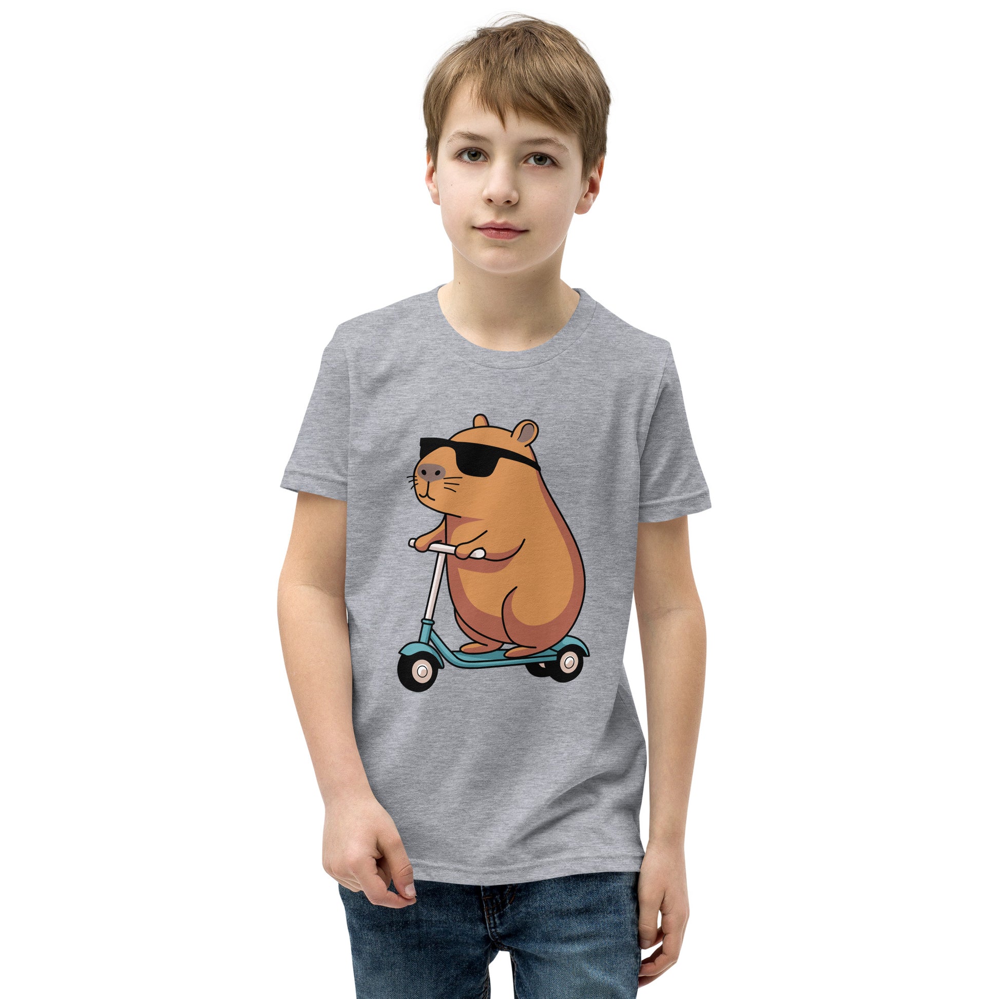 youth t-shirt featuring a capybara on a scooter wearing sunglasses