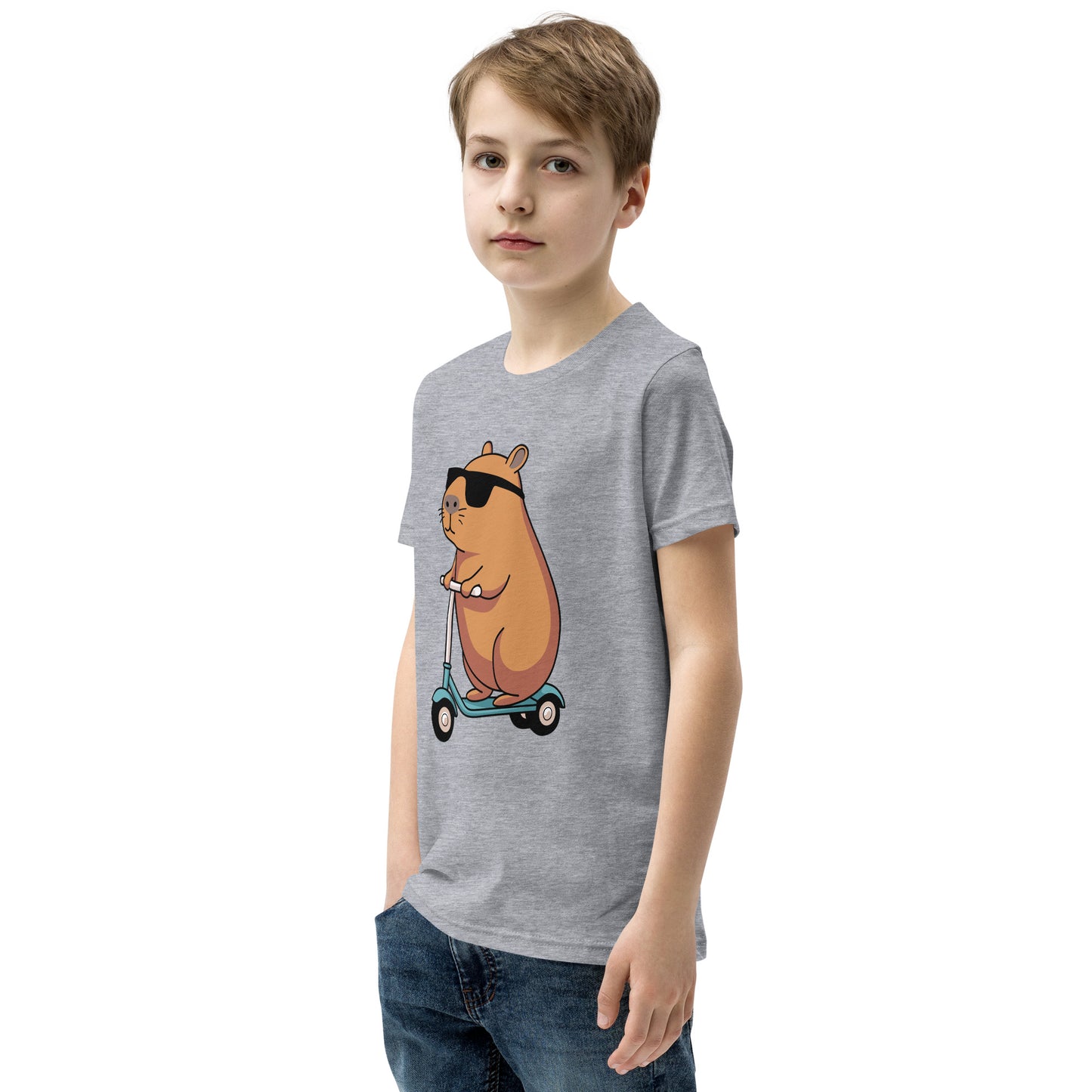 youth t-shirt featuring a capybara on a scooter wearing sunglasses